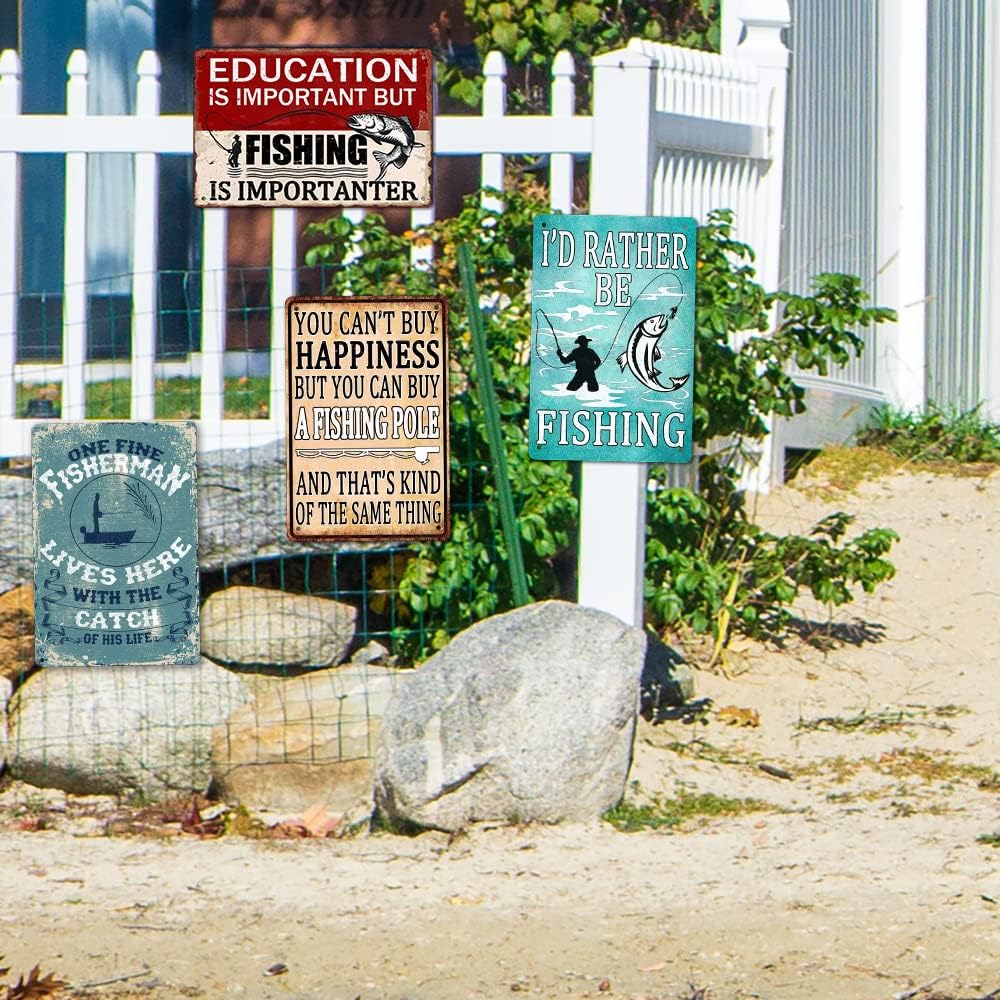 Funny Fishing Metal Tin Signs Vintage Fishing Sign Lake House Decor For Home Education Is Important But Fishing Is Importanter Sign 8x12 Inch
