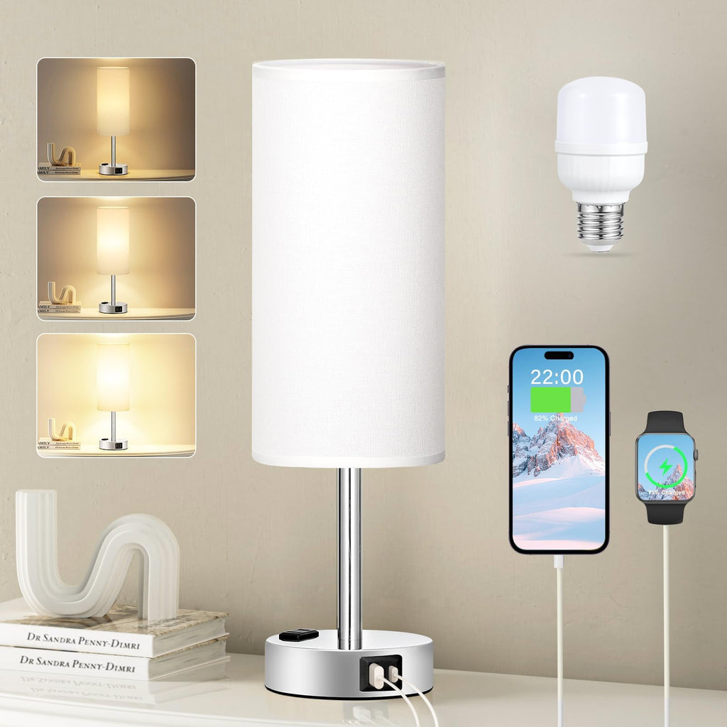 Fenmzee Bedside Table Lamp for Bedroom - 3 Way Dimmable Touch Lamp USB C Charging Ports and AC Outlet, Small Lamp Wood Base Round Flaxen Fabric Shade for Living Room, Desk, LED Bulb Included