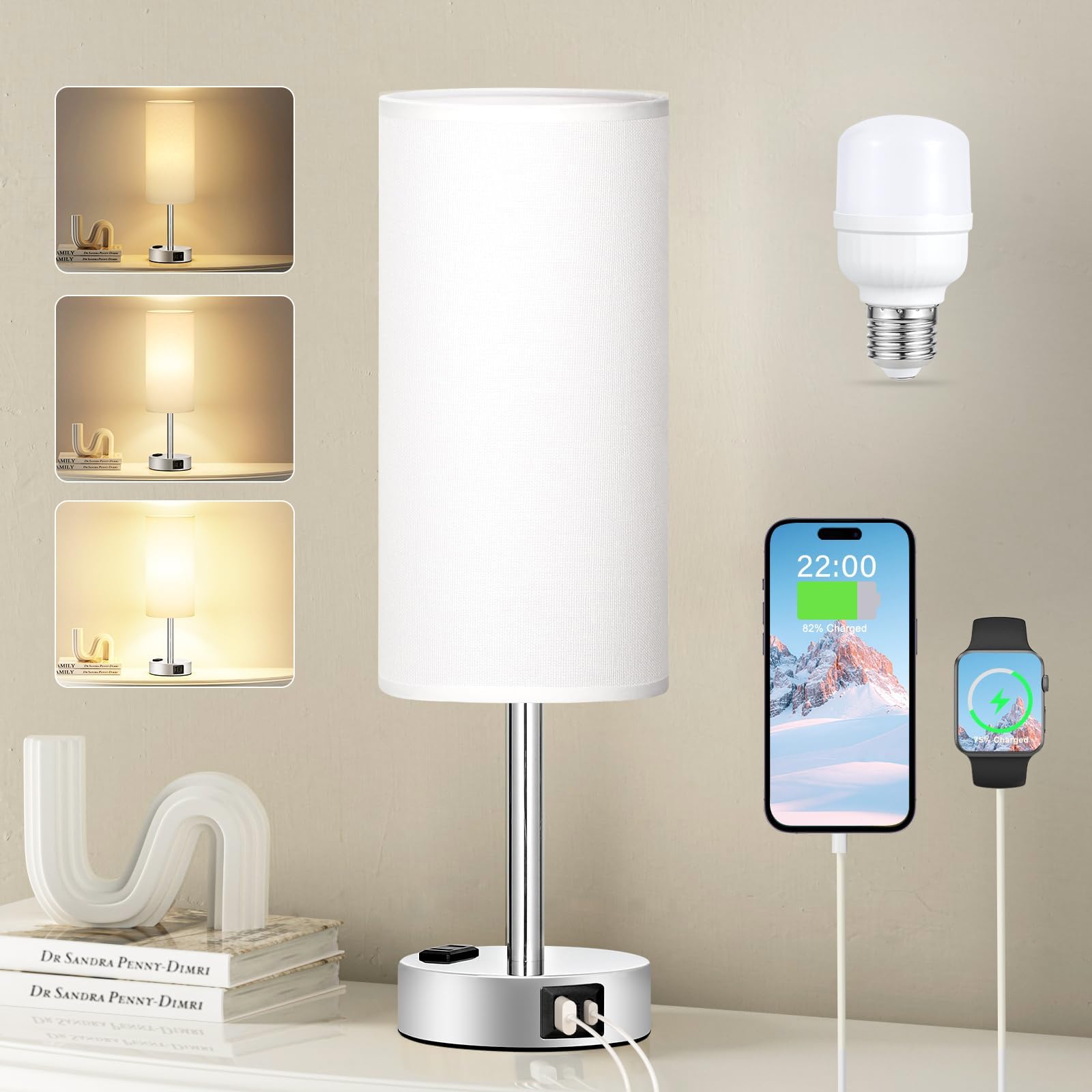 Fenmzee Bedside Table Lamp for Bedroom - 3 Way Dimmable Touch Lamp USB C Charging Ports and AC Outlet, Small Lamp Wood Base Round Flaxen Fabric Shade for Living Room, Desk, LED Bulb Included