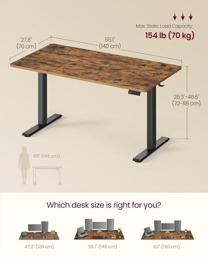 VASAGLE Electric Standing Desk, 55.1 x 27.6 Inches Height Adjustable Desk, Sedentary Reminder, 4 Memory Heights, for Home Office, Rustic Brown ULSD315KD020S