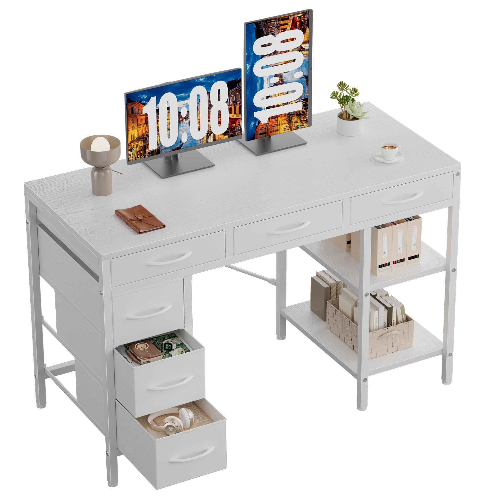 OLIXIS Computer desk with 6 Drawers, 55 inch Office workstation with Storage Shelves, Reversible Gaming setup, Corner table with Storage Drawers, Work for Home Office, Study, Living Room, Rustic Brown