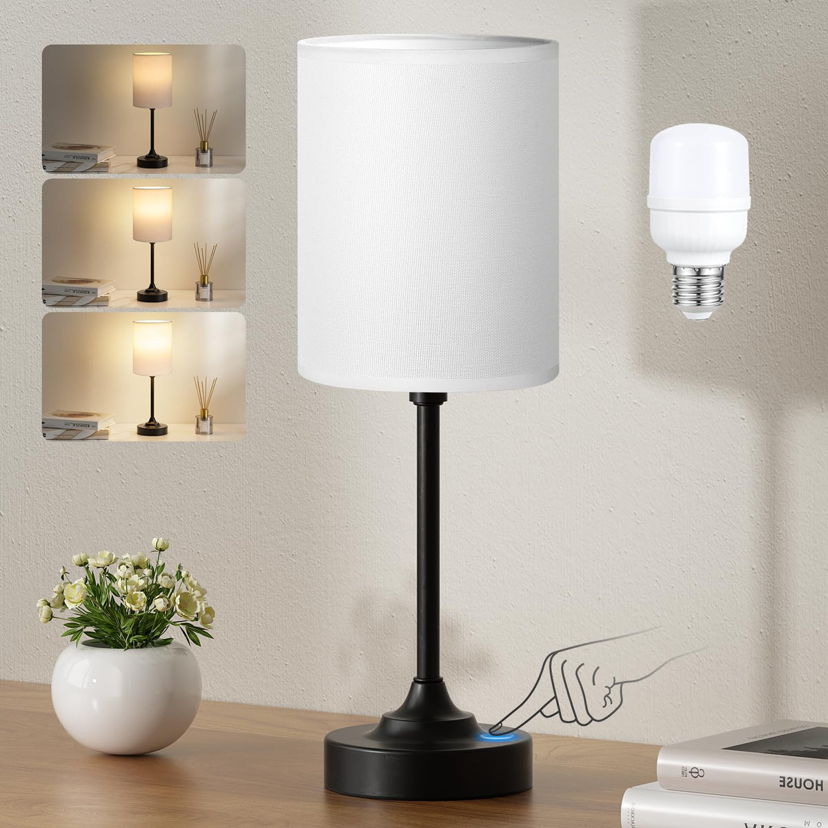Fenmzee Bedside Table Lamp for Bedroom - 3 Way Dimmable Touch Lamp USB C Charging Ports and AC Outlet, Small Lamp Wood Base Round Flaxen Fabric Shade for Living Room, Desk, LED Bulb Included