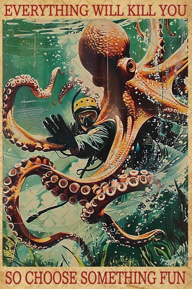 Everything Will Kill You So Choose Something Fun Sign Vintage Diver And Octopus Metal Tin Sign For Kitchen Cafe Restaurant 8x12 Inch