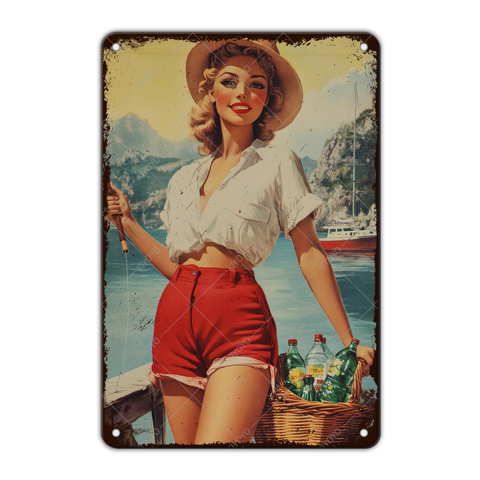 50s Pin up Girl Fishing Metal Tin Sign Open Fly Season Wall Decor Home Angler Cafes Lake House Seascape 12x8 Inch