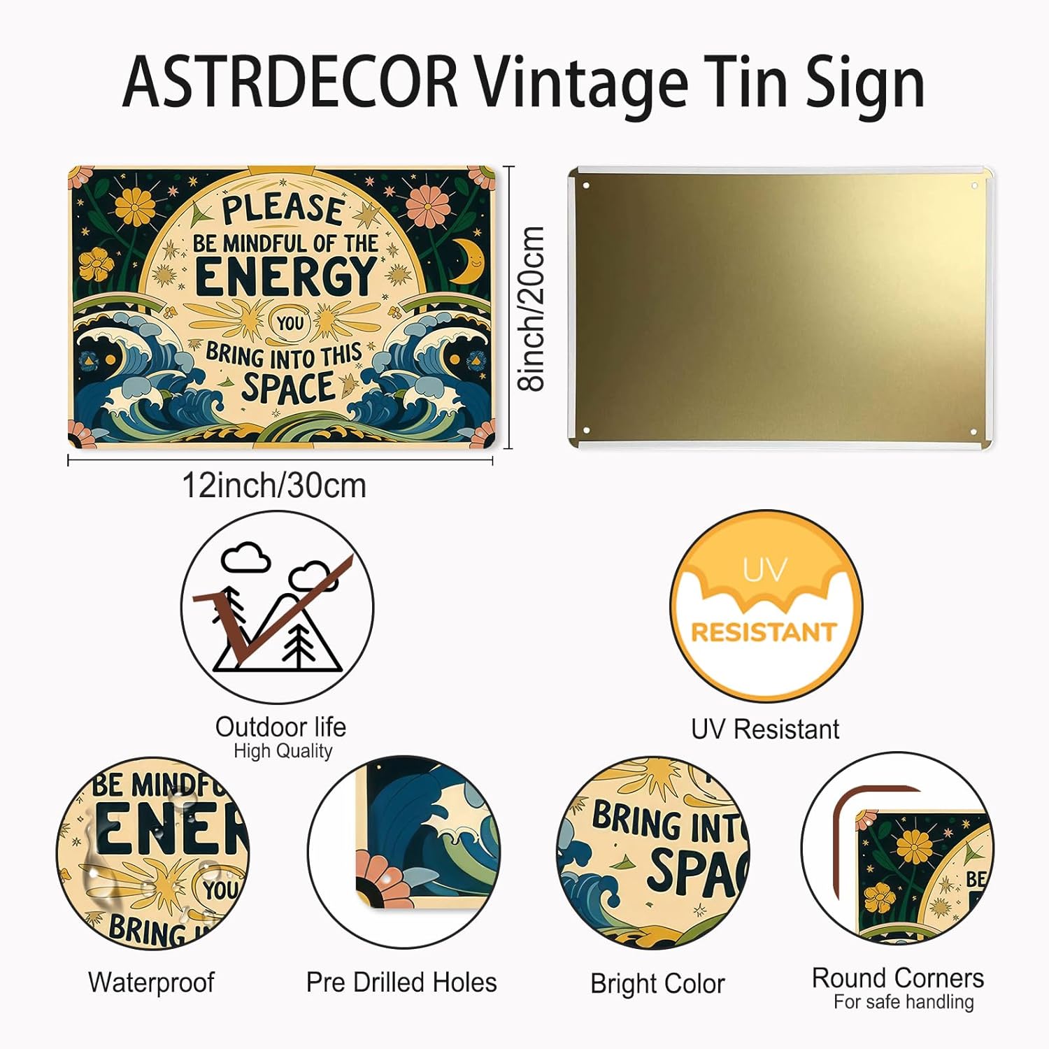 Vintage Tin Signs Metal Retro Wall Art Decor - Please Be Mindful of the Energy You Bring Into This Space, Positive Energy Metal Signs for Home Yoga Cafes, Spiritual Sign Boho Art Aesthetic 8x12 Inch