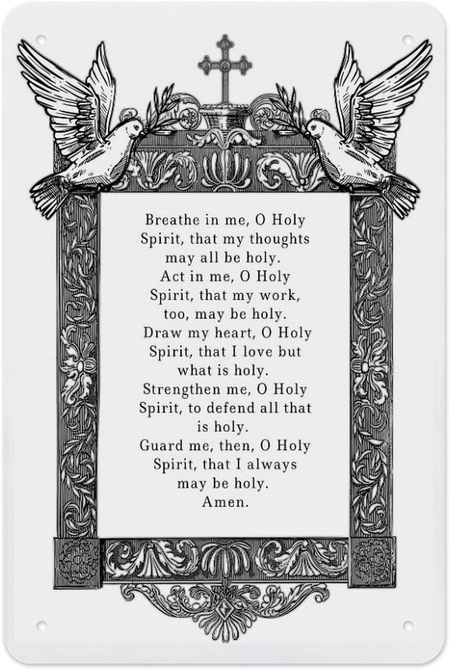 Catholic Saint Augustine Holy Spirit Prayer Metal Tin Sign Poster 12x8 Inch Black White Ornate Frame Dove Cross Wall Decor For Church Office Study Bedroom Faith Gift