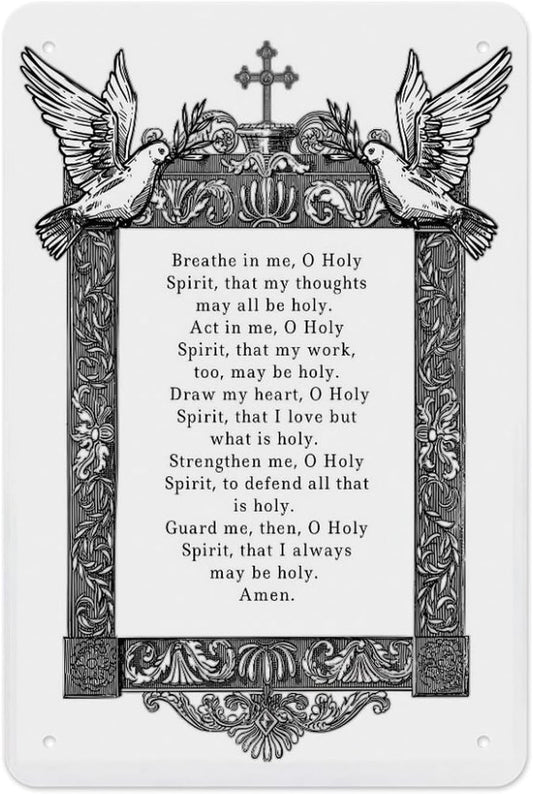 Catholic Saint Augustine Holy Spirit Prayer Metal Tin Sign Poster 12x8 Inch Black White Ornate Frame Dove Cross Wall Decor For Church Office Study Bedroom Faith Gift