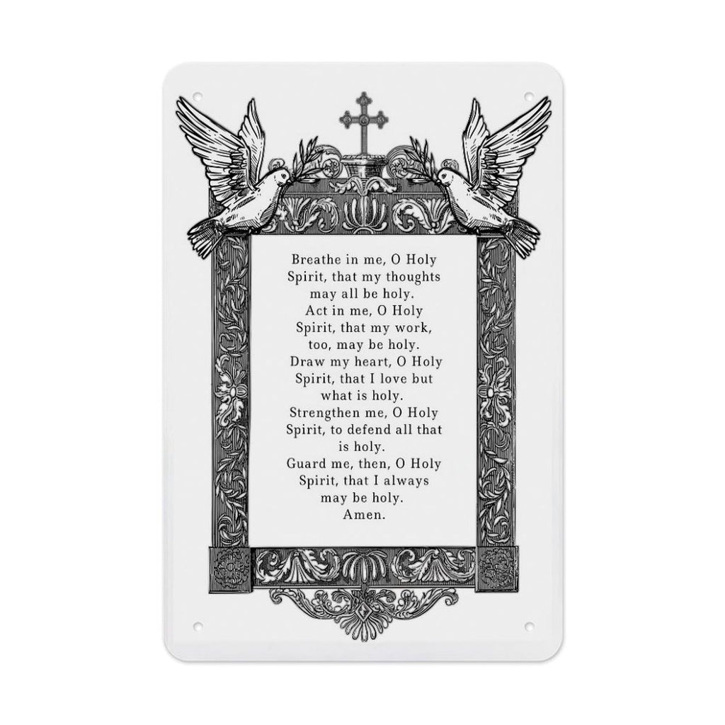 Catholic Saint Augustine Holy Spirit Prayer Metal Tin Sign Poster 12x8 Inch Black White Ornate Frame Dove Cross Wall Decor For Church Office Study Bedroom Faith Gift