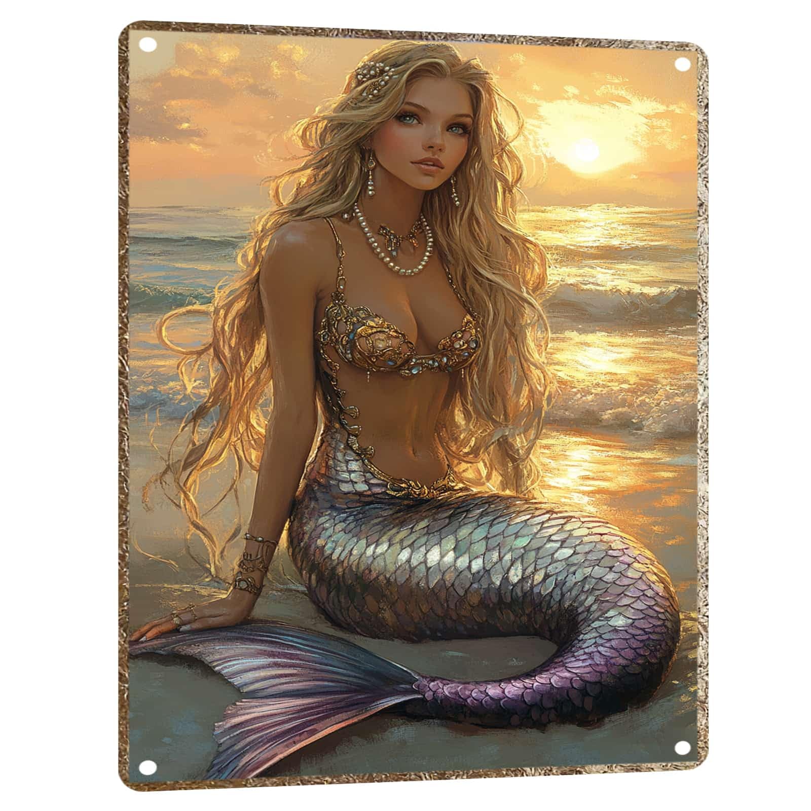 Mermaid Metal Tin Sign Vintage Mermaid Bathroom Decor Wall Art Rustic Funny Bathroom Sign for Home Restroom Washroom Decor 8x12 Inch