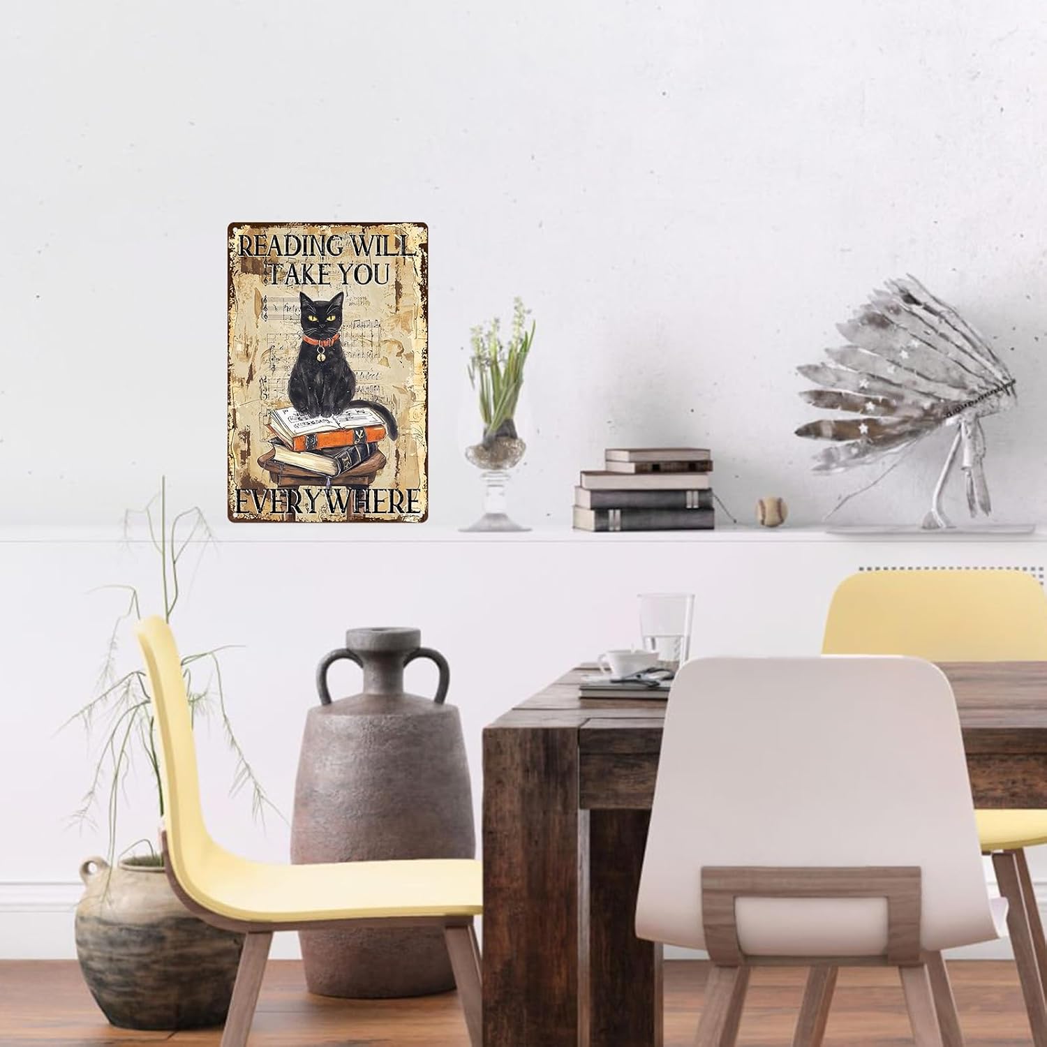 Black Cat Reading Vintage Metal Sign Reading Will Take You Everywhere Retro Wall Decor for Library Book Home Bedroom Office Decoration 8x12inch