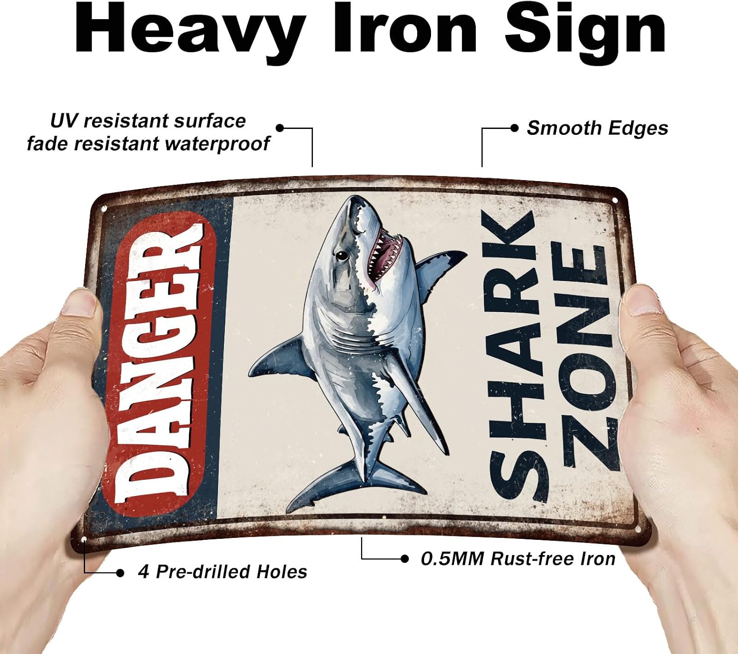 GLOBLELAND Vintage Danger Warning Metal Tin Sign 12x8inch Shark Zone Tin Signage Decor Signs Retro Ocean Shark Wall Metal Plaque for Office Home Garage Room Cafes Bars Fishing Area Decoration