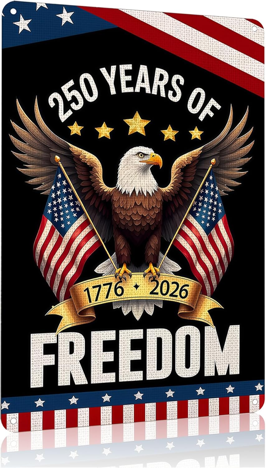 FunnySign 250 Anniversary USA Merchandise Vintage Patriotic Decor USA 250 Years of Freedom Eagle Design Tin Sign for Home Bedroom Front Door Yard Porch Decor 8 x 12 inches