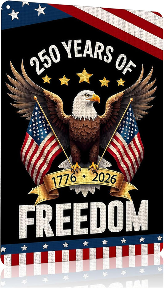 FunnySign 250 Anniversary USA Merchandise Vintage Patriotic Decor USA 250 Years of Freedom Eagle Design Tin Sign for Home Bedroom Front Door Yard Porch Decor 8 x 12 inches
