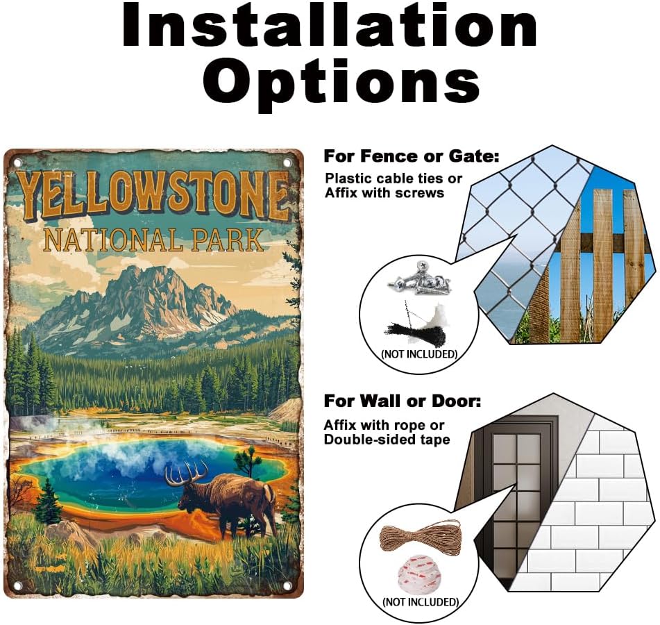 Yellowstone National Park Wall Art Decor Sign, Vintage Metal Tin Poster for Home Room Wall Decor Gift 8 x 12 Inch