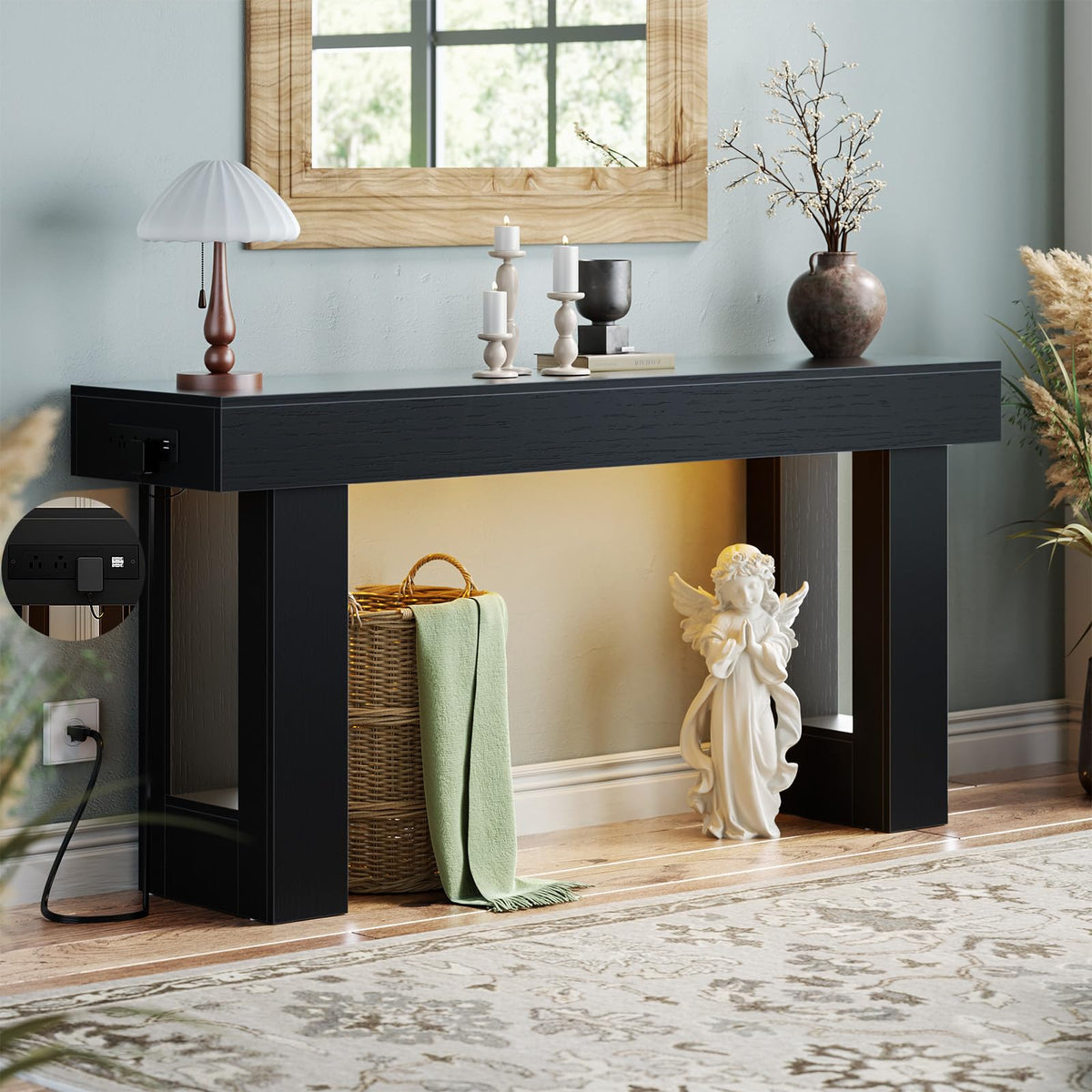 Unikito 47" Entryway Table with Socket and Sensor Light, Narrow Console Table with Storage Behind Couch, Farmhouse Entry Way Tables with Open Storage for Entrance/Hallway/Living Room, Natural Oak