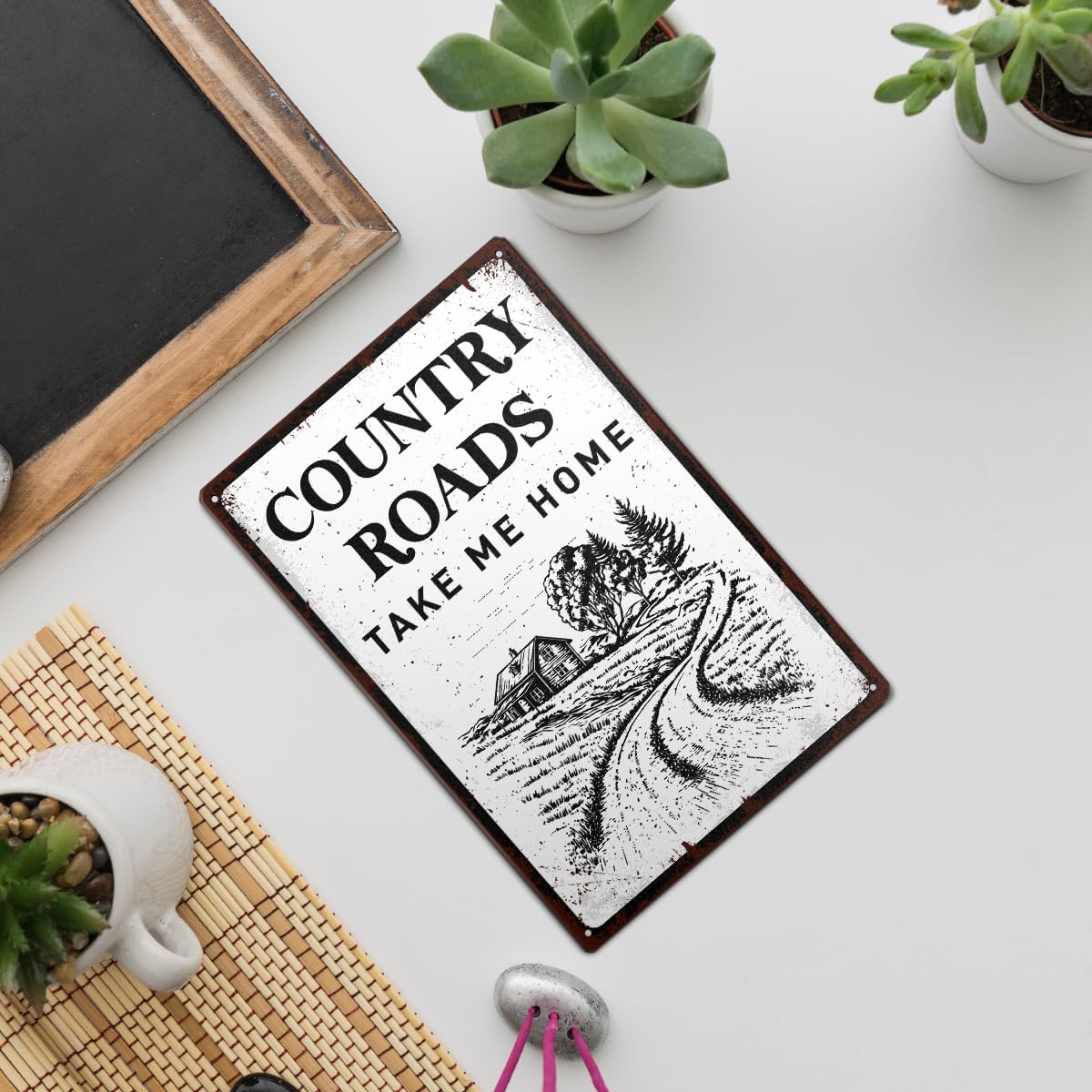 Country Roads Take Me Home Metal Tin Sign, Rustic Farmhouse Wall Decor, Vintage Country Road Sign for Living Room Porch Deck Garden, Rural Home Decoration, 12x8 Inch