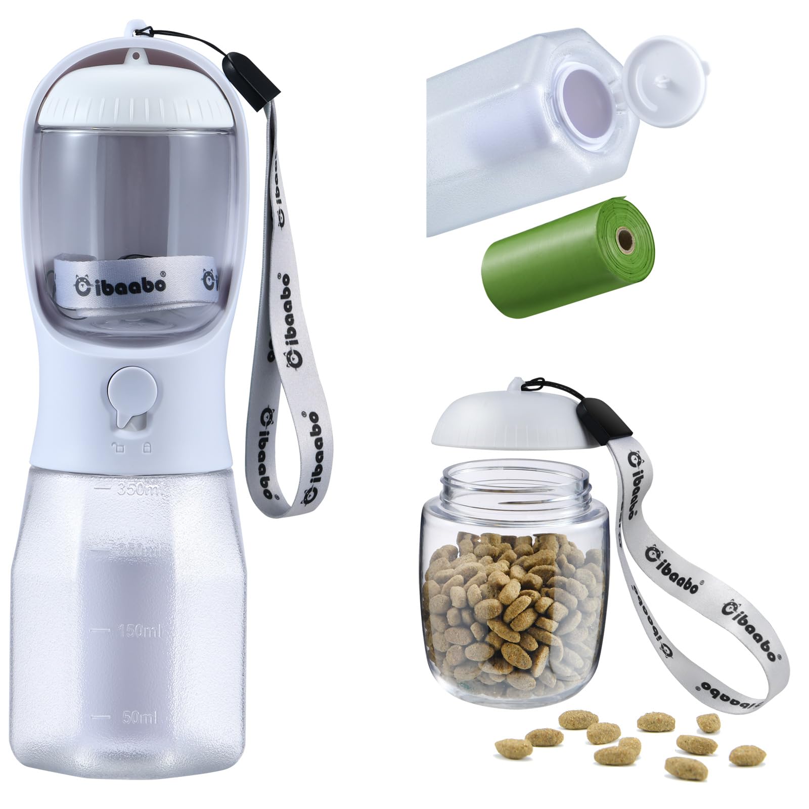 Cibaabo Dog Water Bottle with Food Container & Poop Bag Holder, Travel Water Bowl, Portable Pet Dispenser, Girl Dog Accessories Stuff Items Essentials Gift for Yorkie Chihuahua Walking Hiking