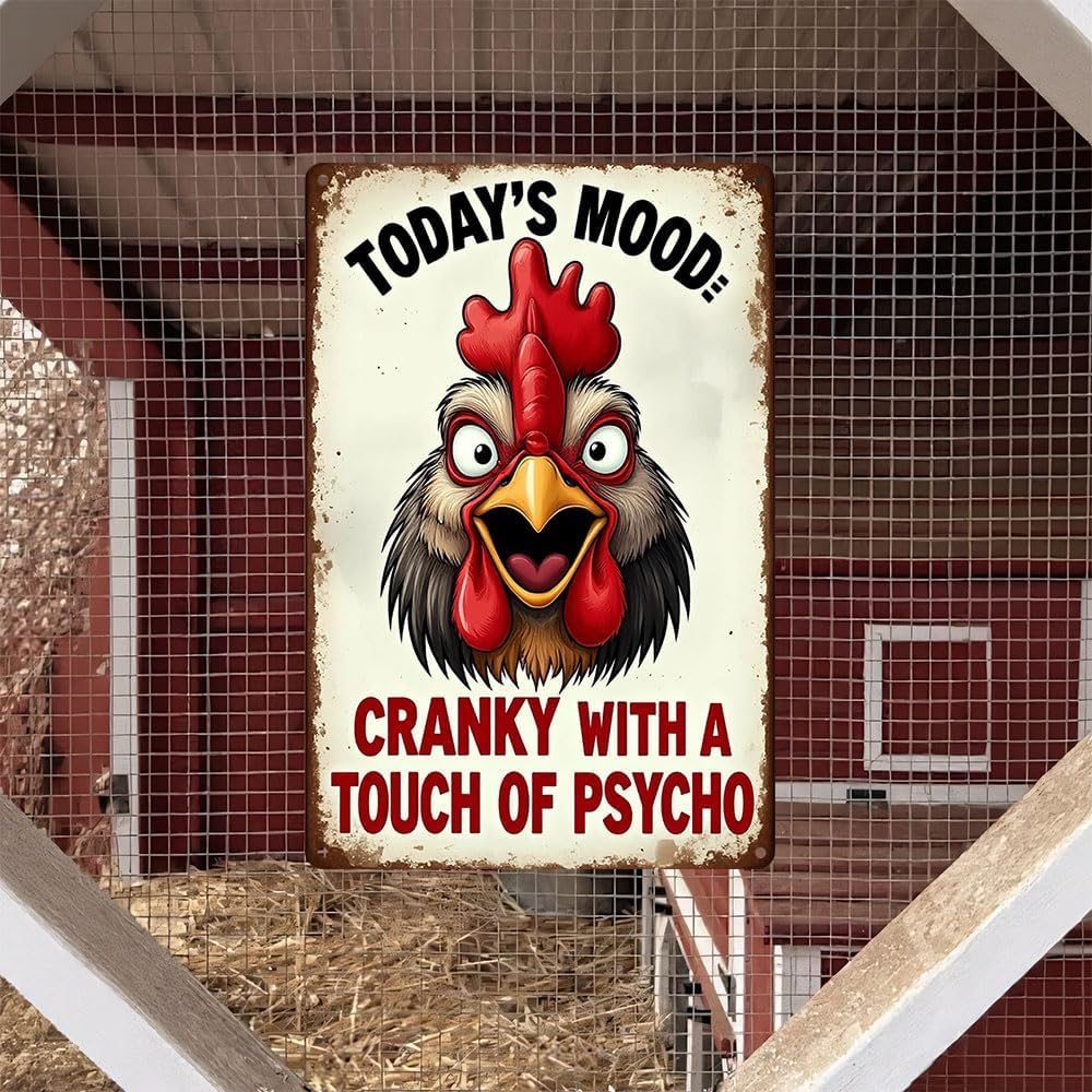 FunnySign Rooster Décor Today's Mood: Cranky With A Touch Of Psycho Rustic Tin Sign For Home Farm Chicken Coop Decor 8x12 Inch (9712)