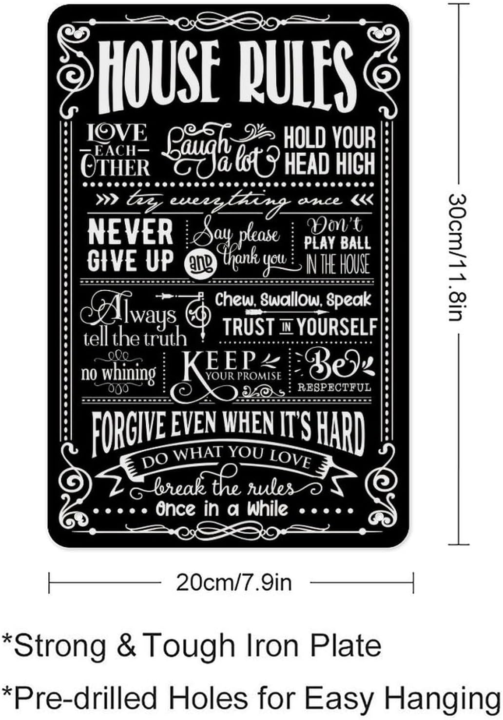 House Rules Metal Tin Sign – Black & White Family Rules Typography Poster, Chalkboard Farmhouse Rustic Wall Art for Entryway Kitchen Living Room, Vintage Home Decor 12x8 Inch