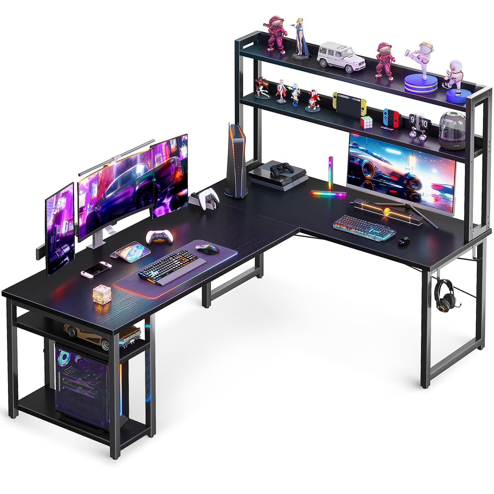 ODK 53" L Shaped Gaming Desk with Hutch & Headphone Hook, Corner Computer Table with Storage Shelves for Home Office, Black