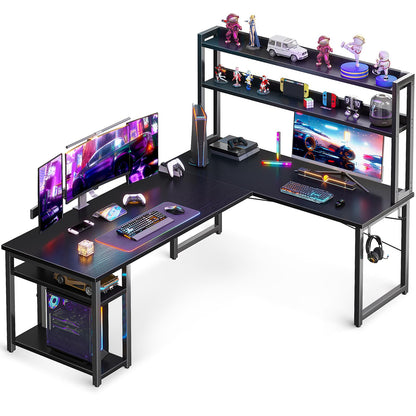 ODK 53" L Shaped Gaming Desk with Hutch & Headphone Hook, Corner Computer Table with Storage Shelves for Home Office, Black