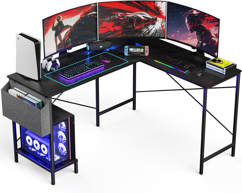 L Shaped Desk - 50" Reversible Home Office Computer Desk, Wood Top, Metal Frame, Side Bag, Sturdy Gaming Desk Corner Table for Work, Writing and Study, Space-Saving