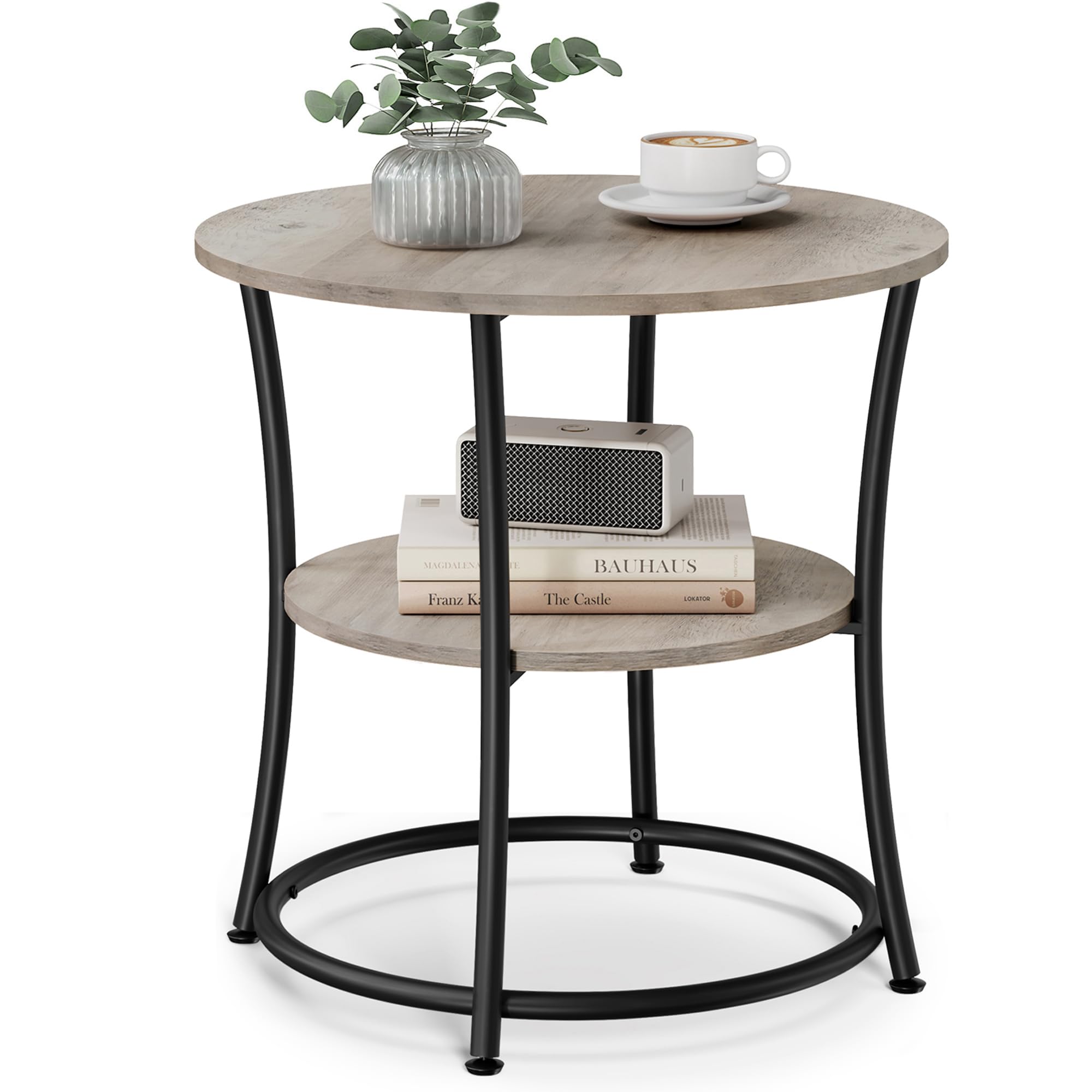 VASAGLE 21.7-Inch Round Side Table, 2-Tier End Table, Nightstand with Steel Frame, Spacious Top, for Small Spaces, Living Room, Bedroom, Rustic Brown and Ink Black ULET56BX