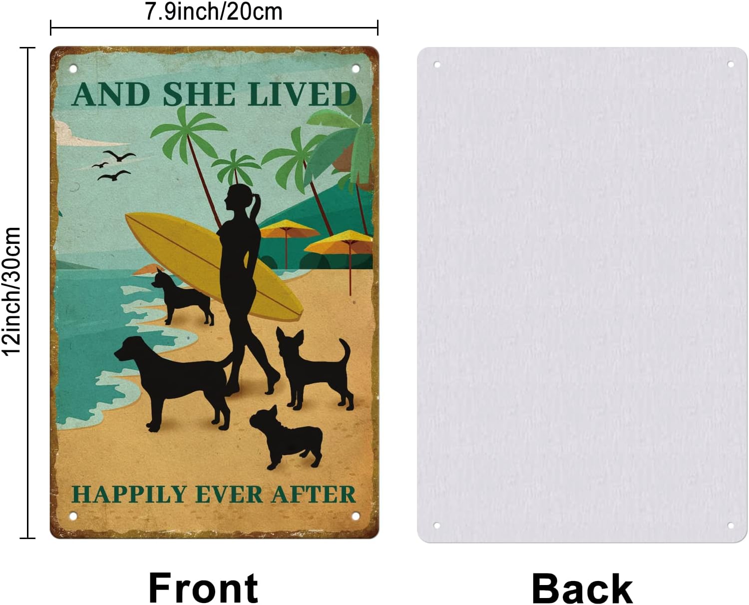 SUPERDANT Surfing Girl Tin Signs Summer Cottage Metal Sign Poster And She Lived Happily Ever After Vintage Wall Art Plaque for Beach Café Cabin Patio Pool Living Room Bedroom Decoration