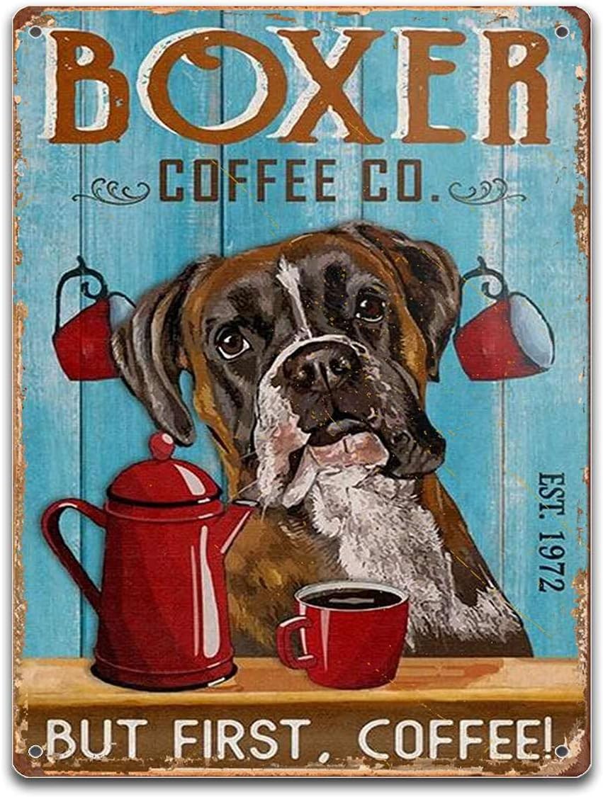 Vintage Metal Sign Boxer Dog Coffee but first, coffee Funny Decoration Home Bathroom Bar Cafe Club Wall Decor Retro Tin Sign 12 X 8 Inch