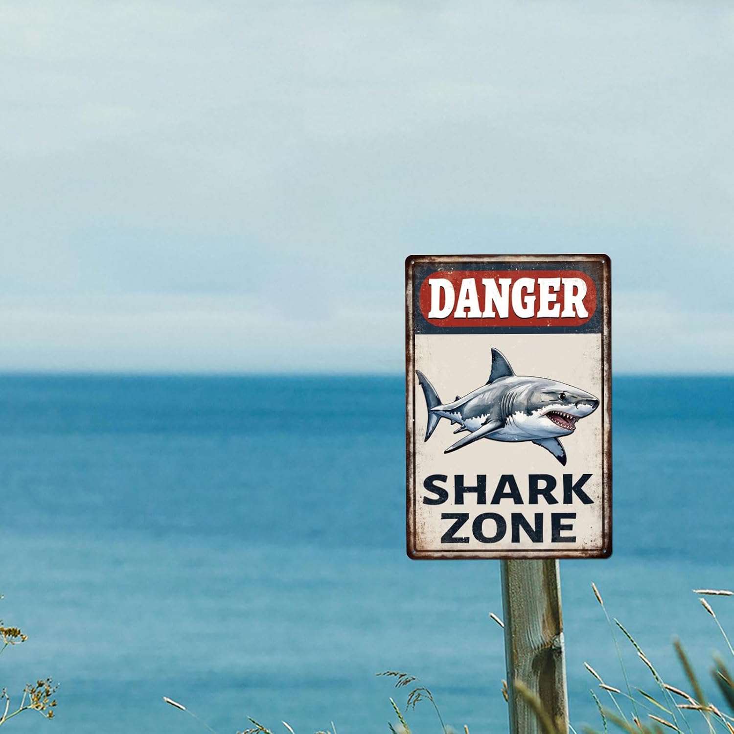 GLOBLELAND Vintage Danger Warning Metal Tin Sign 12x8inch Shark Zone Tin Signage Decor Signs Retro Ocean Shark Wall Metal Plaque for Office Home Garage Room Cafes Bars Fishing Area Decoration
