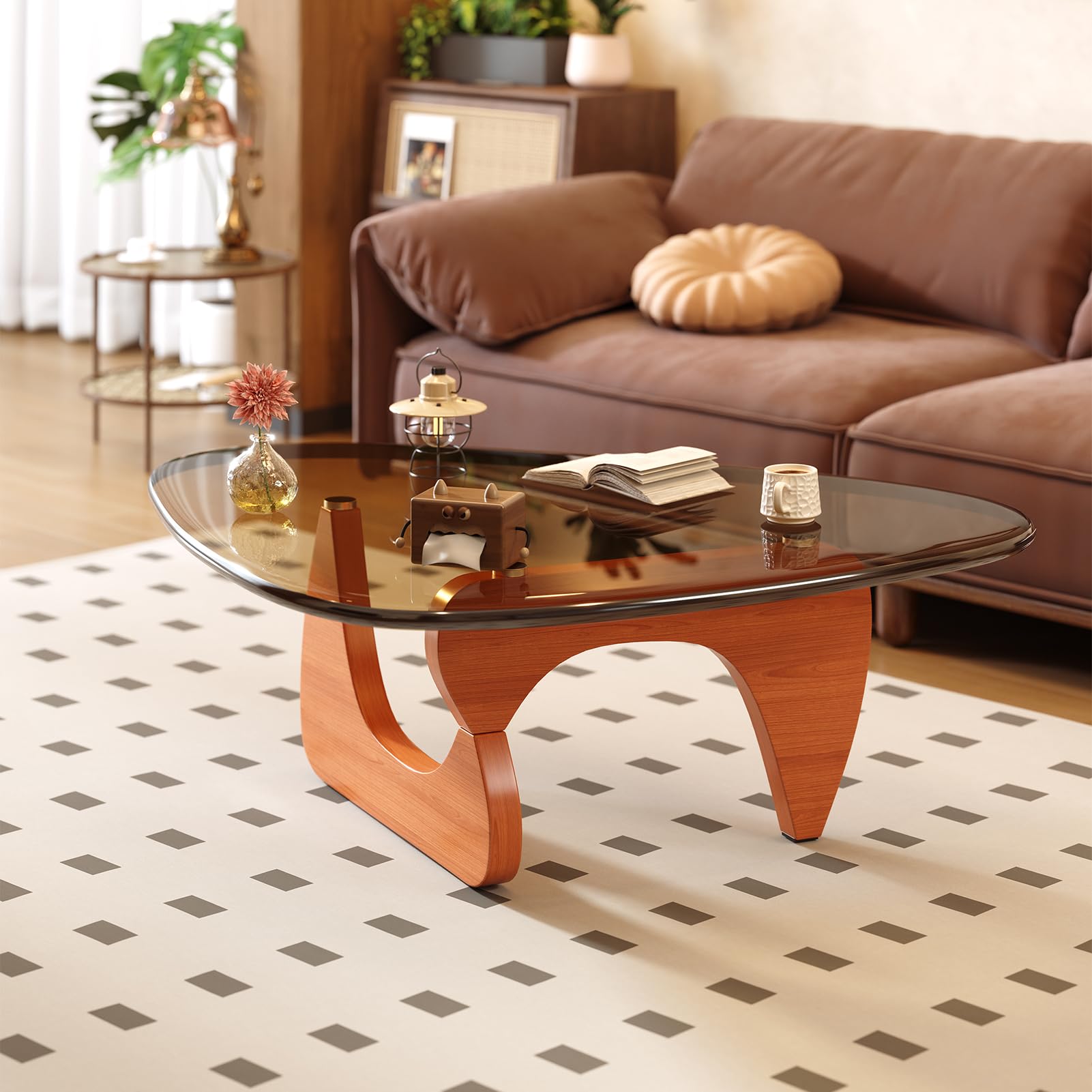 Coffee Table for Living Room Mid Century Modern Center Table with Glass Top and Wood, 36 Inch, Brown/Walnut