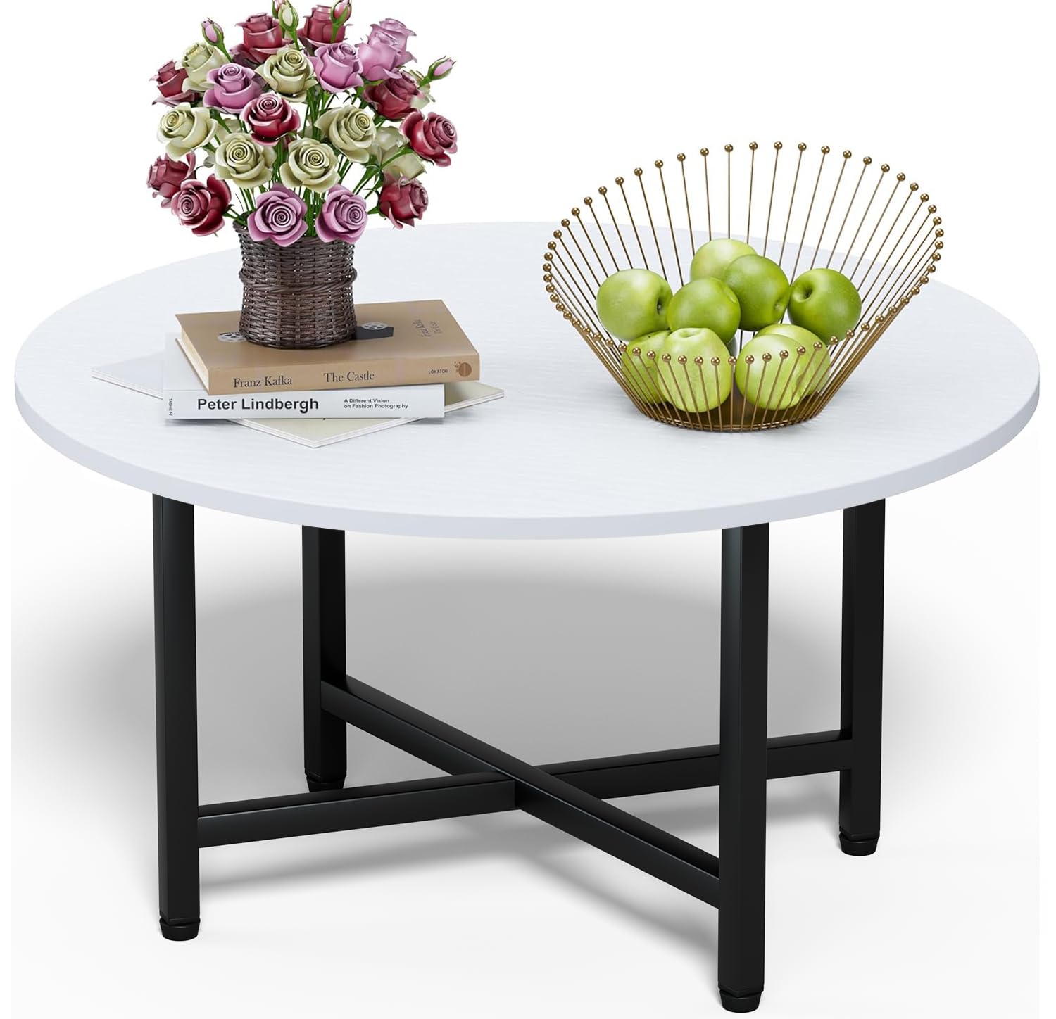 FAMIDGE Coffee Table, 23.6" Coffee Tables for Living Room, Round Coffee Table with Metal Frame, Floor Table for Sitting on The Floor, Home, Office, Black