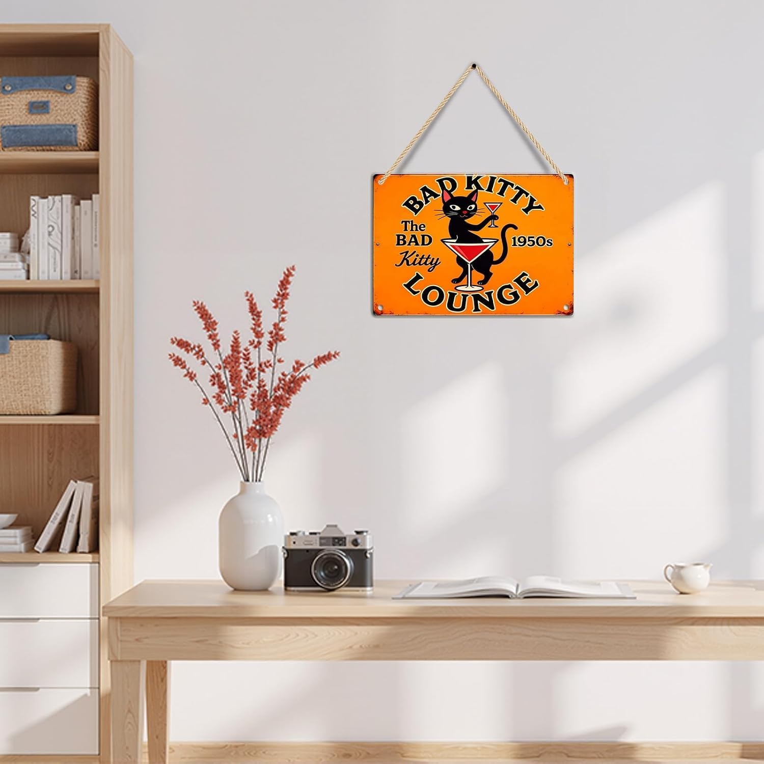 Funny Black Cat Wall Art - Metal Decor Signs Vintage Metal Tin Sign Wall Art "Bad Kitty Lounge" Sign for Women and Cat Lovers Home Decor, Bedroom, Kitchen, Office, Cafe, Bar 8 X 12 Inch