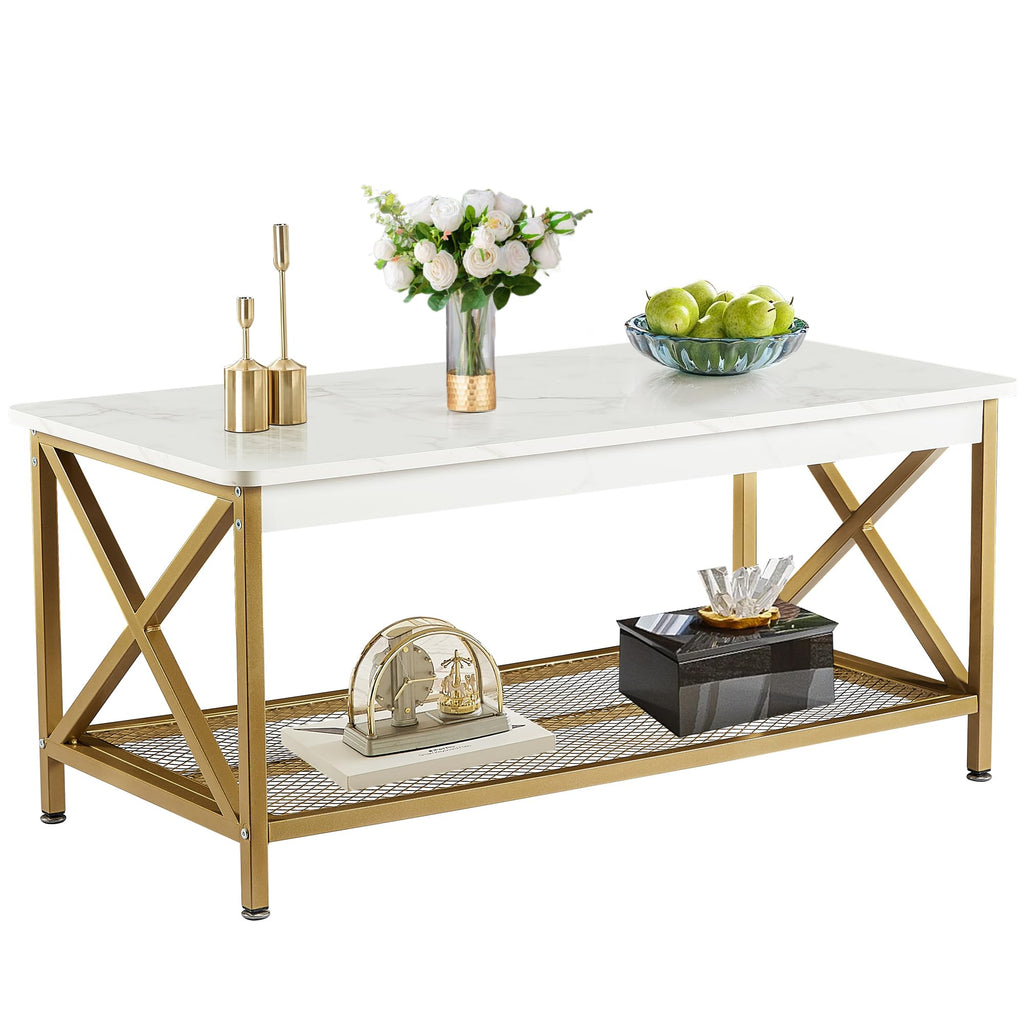 VECELO Coffee Table with 2-Tier Storage Shelf X-Frame for Living Room, Office Industrial Style,Easy Assembly, 39 inch Gold