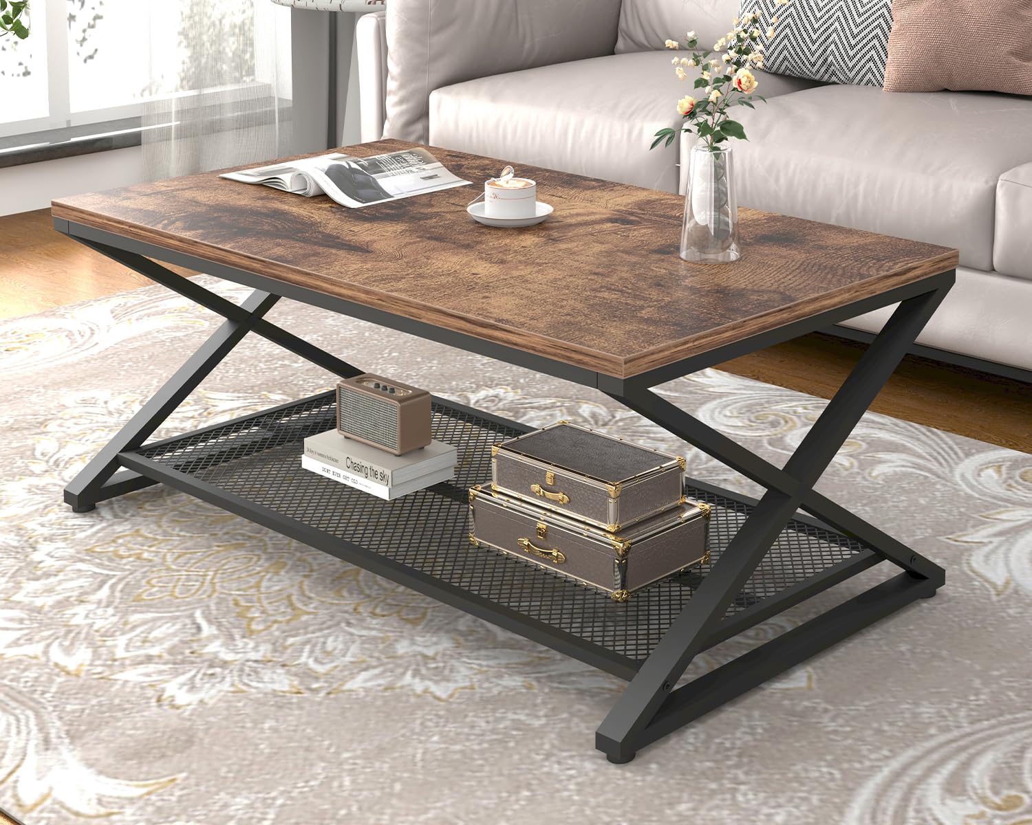 LVB Rustic Coffee Table with Storage, Industrial Wood Metal 2 Tier Center Living Room Table with Mesh Shelf, Farmhouse Wooden Low Rectangle Cocktail Tea Table for Office Bedroom, 47 inch, Rustic Brown