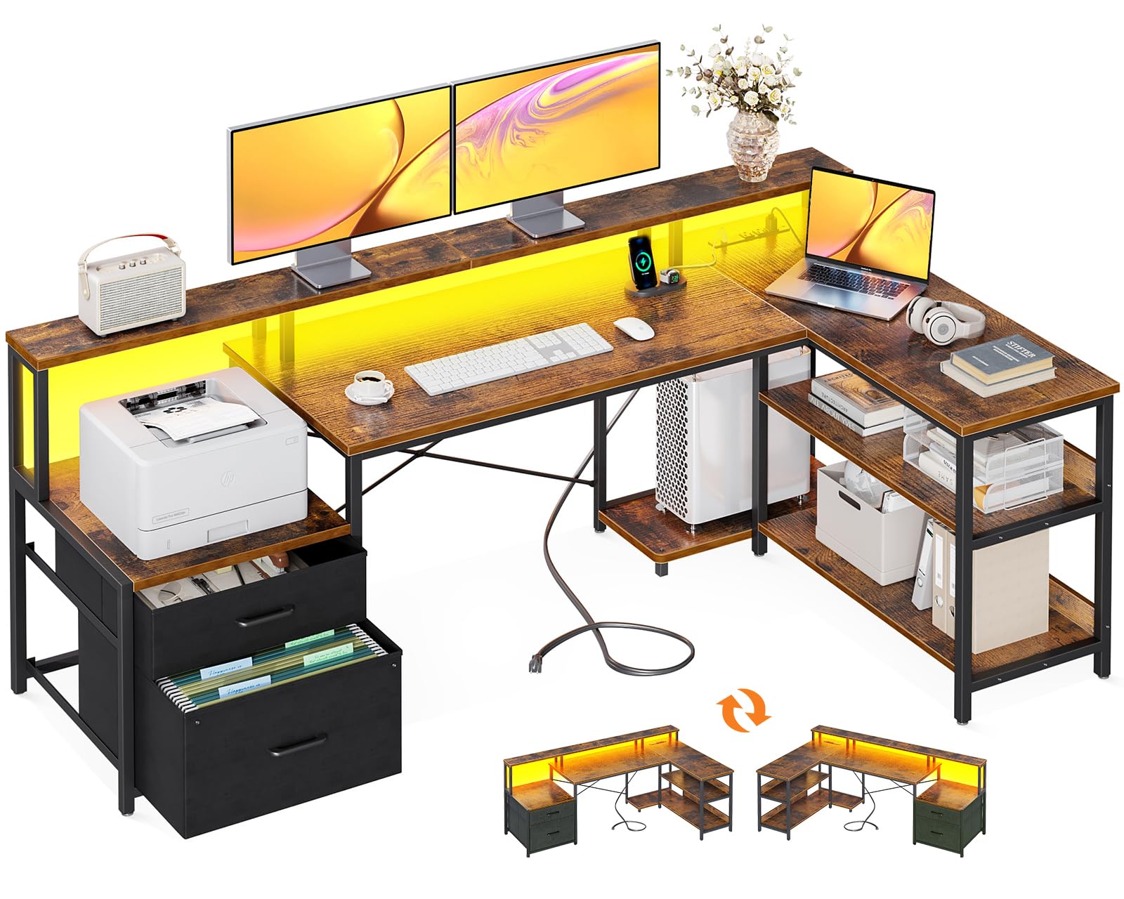 ODK 75" L Shaped Desk with File Drawers, Work from Home Office Desk with Power Outlet, Reversible Computer Desk with Storage Shelves, Gaming Desk with Monitor Shelf, Corner WFM Table, Vintage