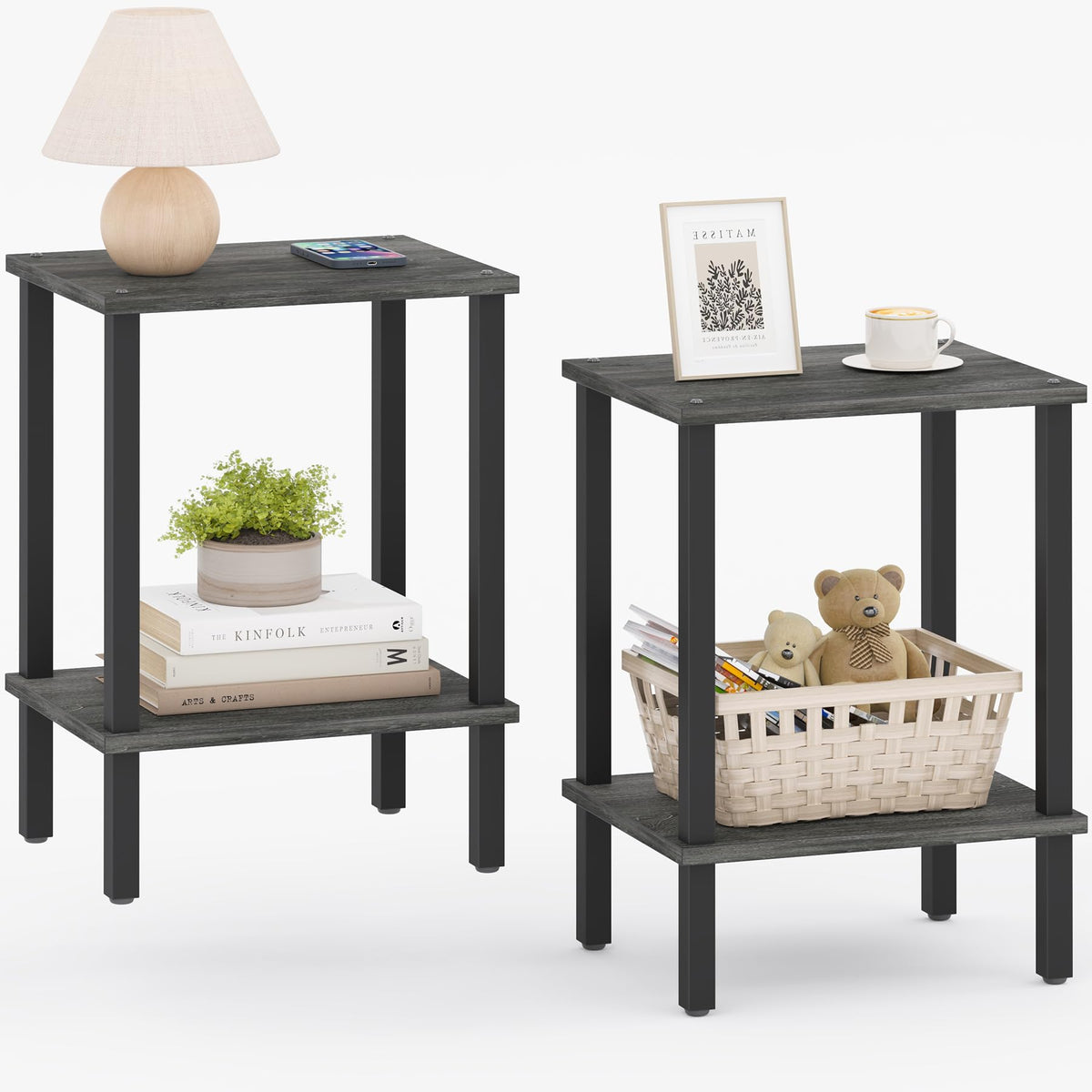 TUTOTAK End Table, Set of 2, Side Table, Nightstand, 2-Tier Storage Shelf, Sofa Table for Small Space, Living Room, Bed Room TB01BK035