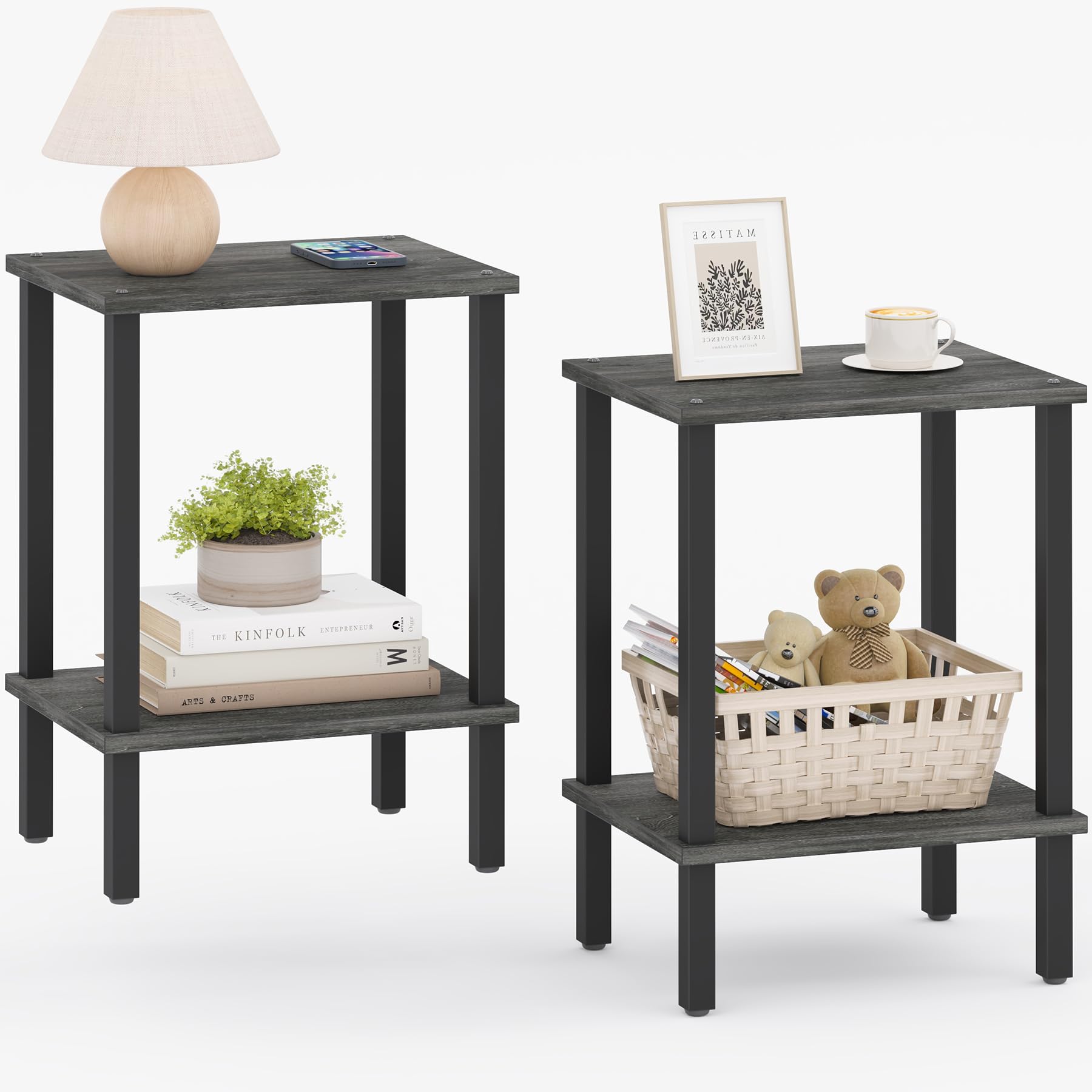 TUTOTAK End Table, Set of 2, Side Table, Nightstand, 2-Tier Storage Shelf, Sofa Table for Small Space, Living Room, Bed Room TB01BK035