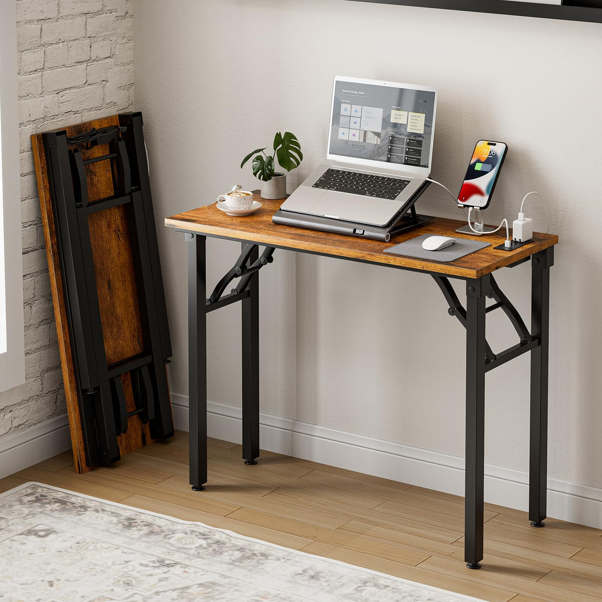 Frylr Small Folding Computer Desk – Portable 35.8 Inch Foldable Laptop Table, No-Assembly, Collapsible and Compact for Easy Storage, Lightweight for Small Spaces, Craft and Study Use, Dark Walnut