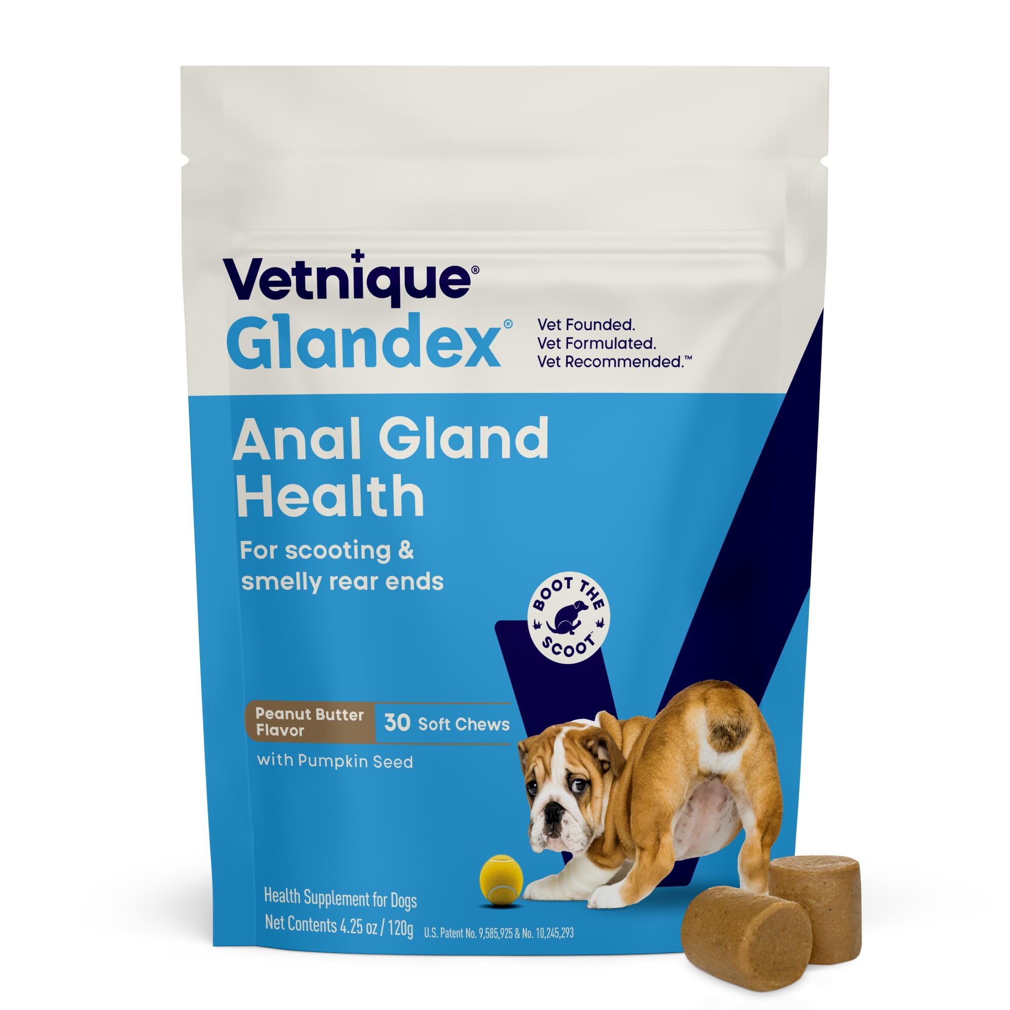 Vetnique Glandex Anal Gland Soft Chew Treats with Pumpkin for Dogs Digestive Enzymes, Probiotics Fiber Supplement for Dogs Boot The Scoot (Advanced Strength Duck/Bacon, 60 Ct)