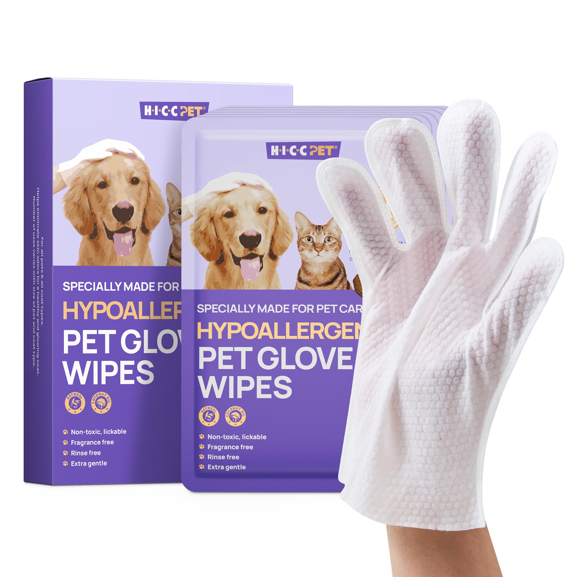 HICC PET Dog Wipes Cleaning Deodorizing Glove Wipes for Dogs, Cats & Horses, Vet Recommended Hypoallergenic Hydrating & Nourishing Pet Wipes for Eyes, Ears, Butt & Paws, No-Rinse, 6pcs Coconut Scent