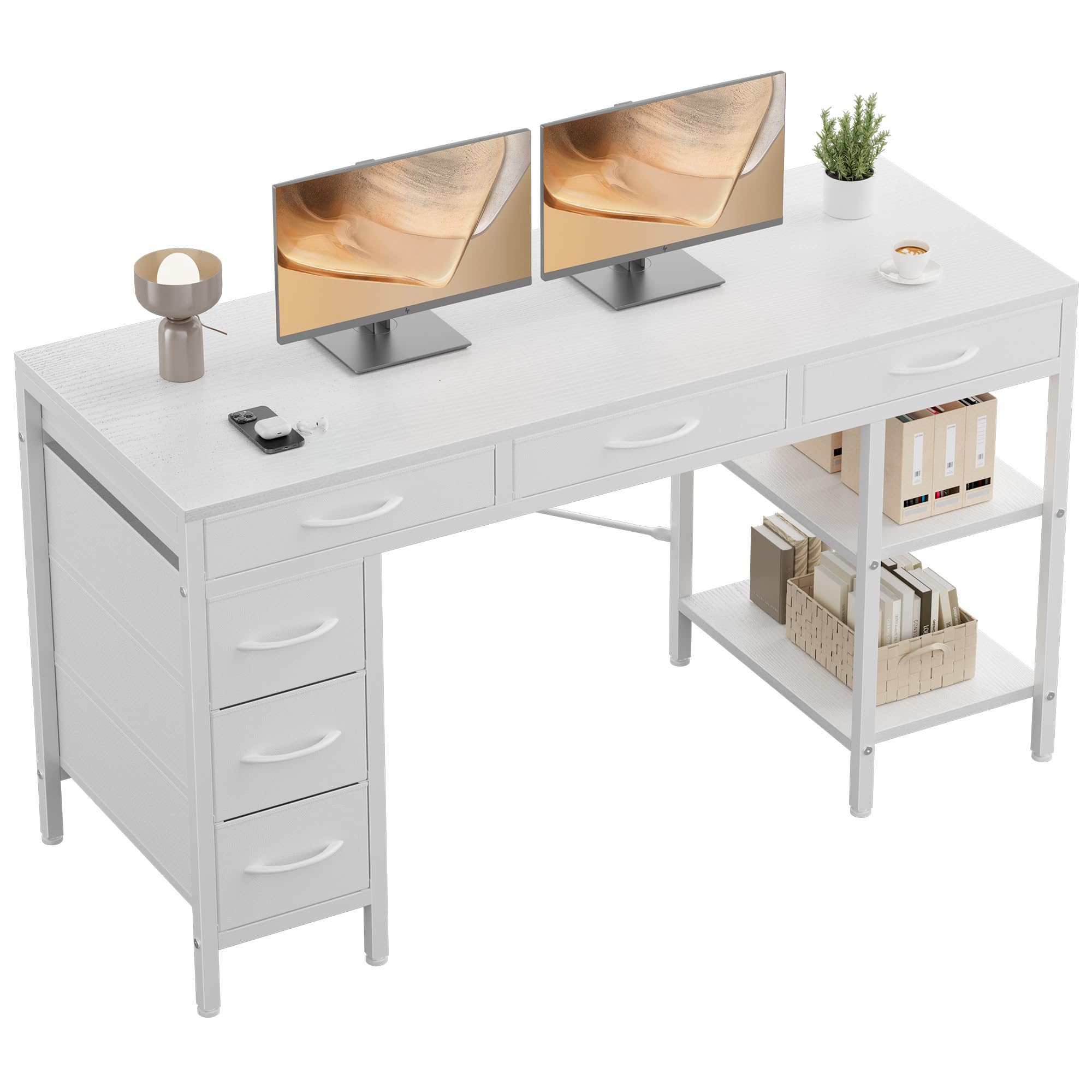 OLIXIS Computer desk with 6 Drawers, 55 inch Office workstation with Storage Shelves, Reversible Gaming setup, Corner table with Storage Drawers, Work for Home Office, Study, Living Room, Rustic Brown