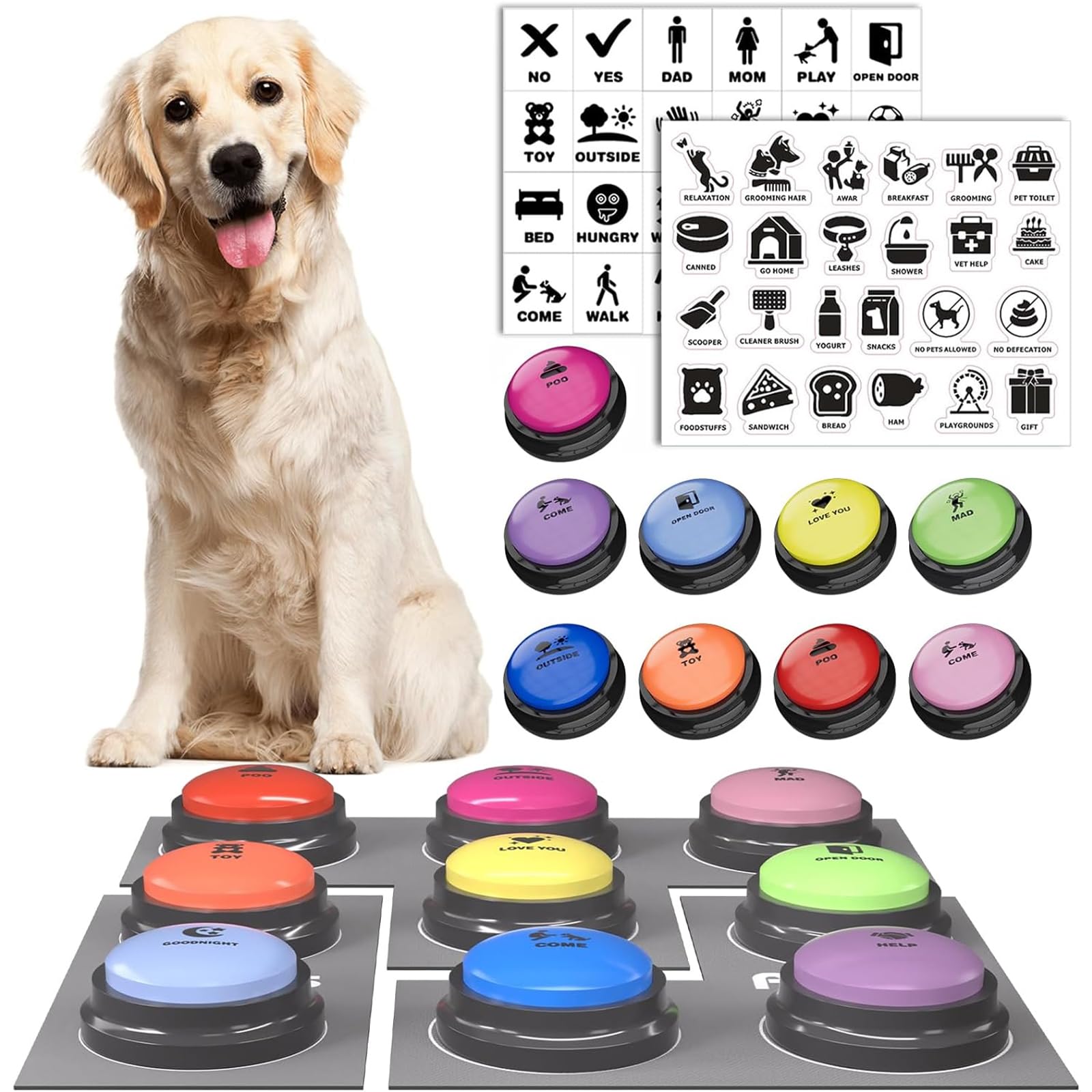 Acools Dog Buttons for Communication, 4 Dog Talking Button Set, Speaking Buttons for Cats and Dogs, 30s Voice Recordable Pet Training Buzzer with Waterproof Dog Activity Mat and 48 Scene Stickers