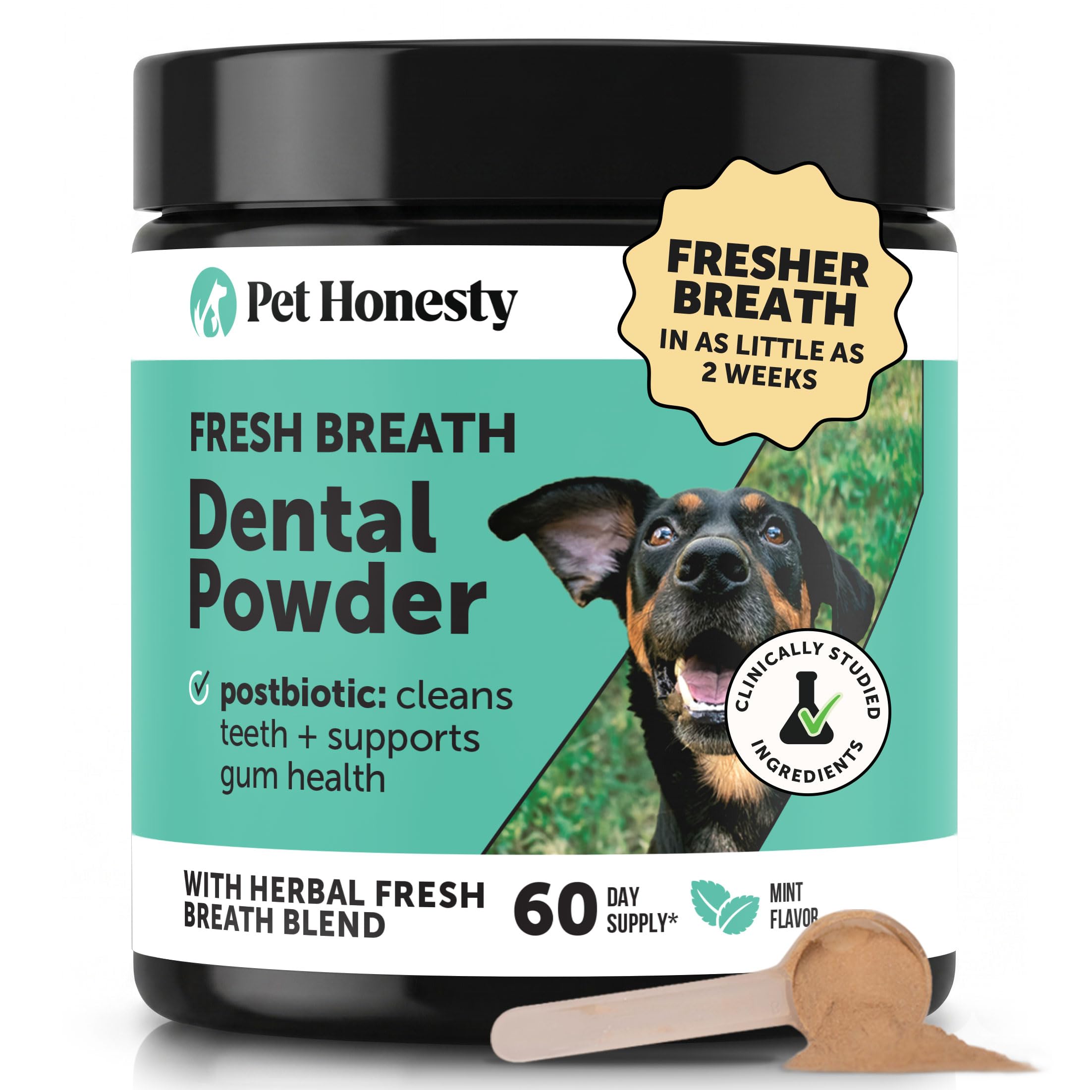 Dog Breath Freshener Dental Powder - Teeth Cleaning Plaque Off + Tartar Remover for Dogs - Care Supplement Food Topper with Kelp, HMP + Postbiotics for Healthy Gums - Mint Flavor (30 Servings)