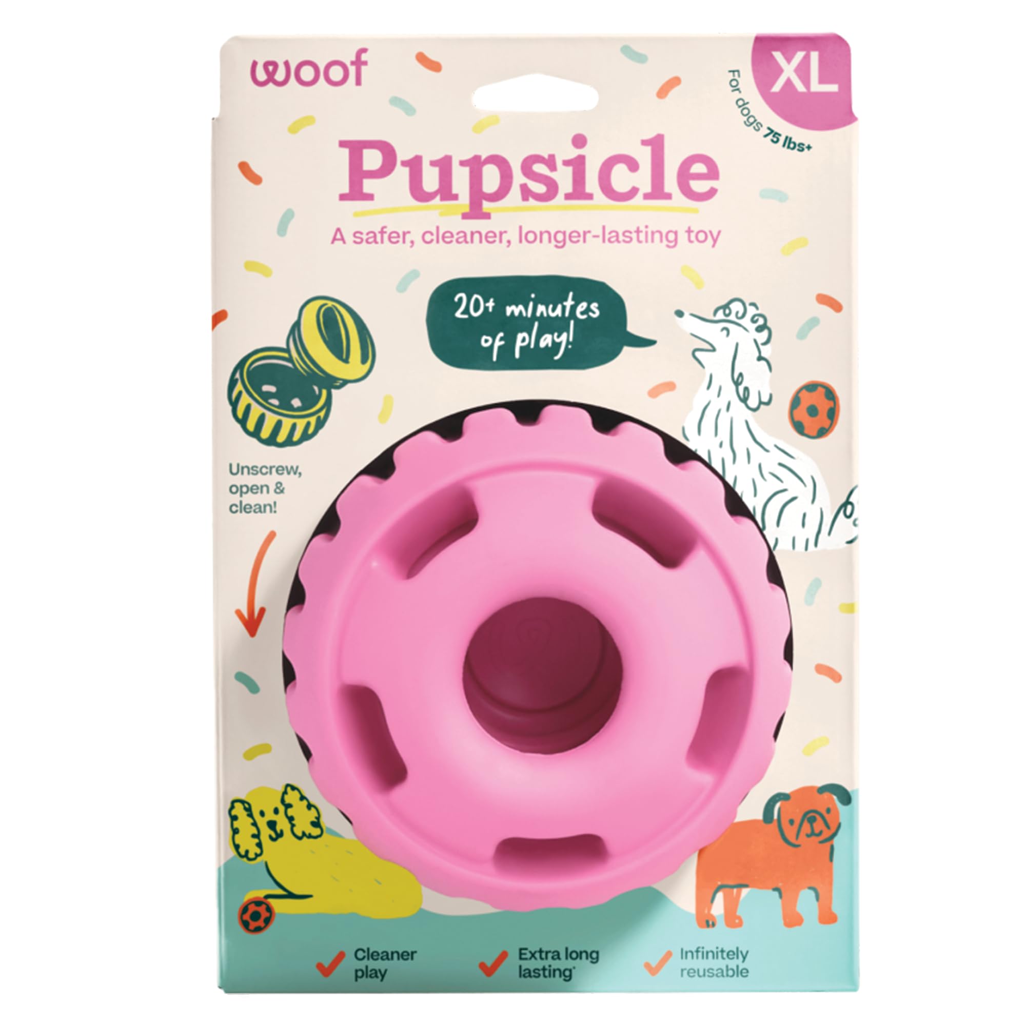 WOOF Party Pupsicle - Long-Lasting Interactive Dog Toys for Boredom - Low-Mess Design - Birthday Gifts for Dogs - Large Dog Toys - Party Pink