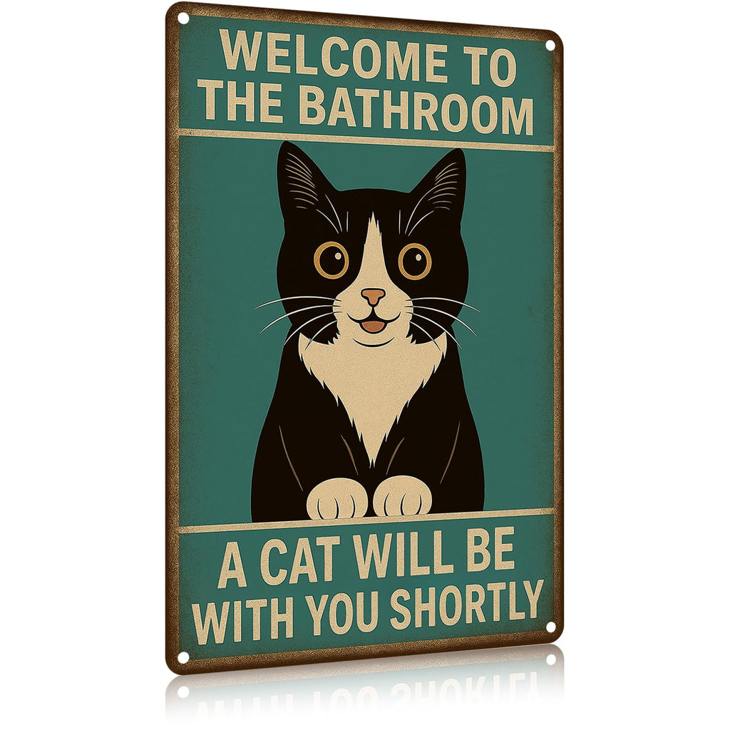 Funnysign Cat Lovers Gifts Welcome To The Bathroom A Cat Will Be with You Tin Sign for Bathroom Toilet Decor 8 X 12 Inch(9826)