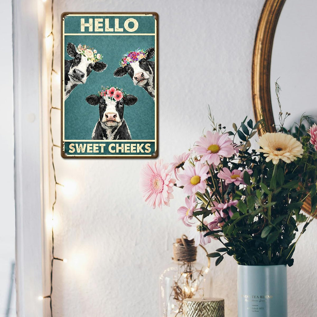 Bathroom Wall Decor Metal Tin Sign – Hello Sweet Cheeks Funny Cow Wall Art, Farmhouse Restroom Decor 12x8 Inch
