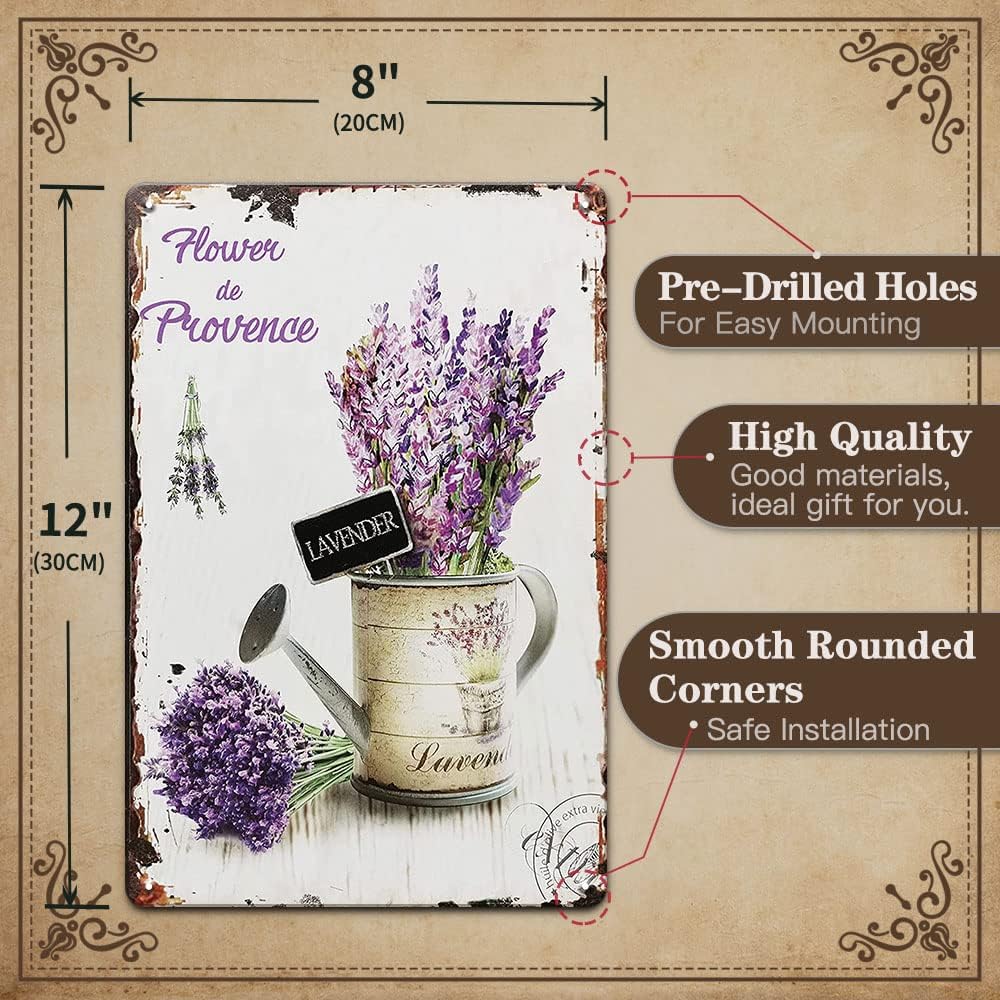 YOYI ART Lavender Decor Tin Sign - French Country Vintage Shabby Chic Signs for Room, Bathroom, Garden, Yard Wall Decor Art Accessories, Gifts for Women and Flower Lover, 8 x 12 inch