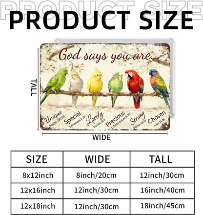 Inspirational Bible Verse Sign God Says You Are Metal Tin Signs Bird Print Christian Gift Quotes Poster for Church Prayer Room Office Decor 8x12 Inch