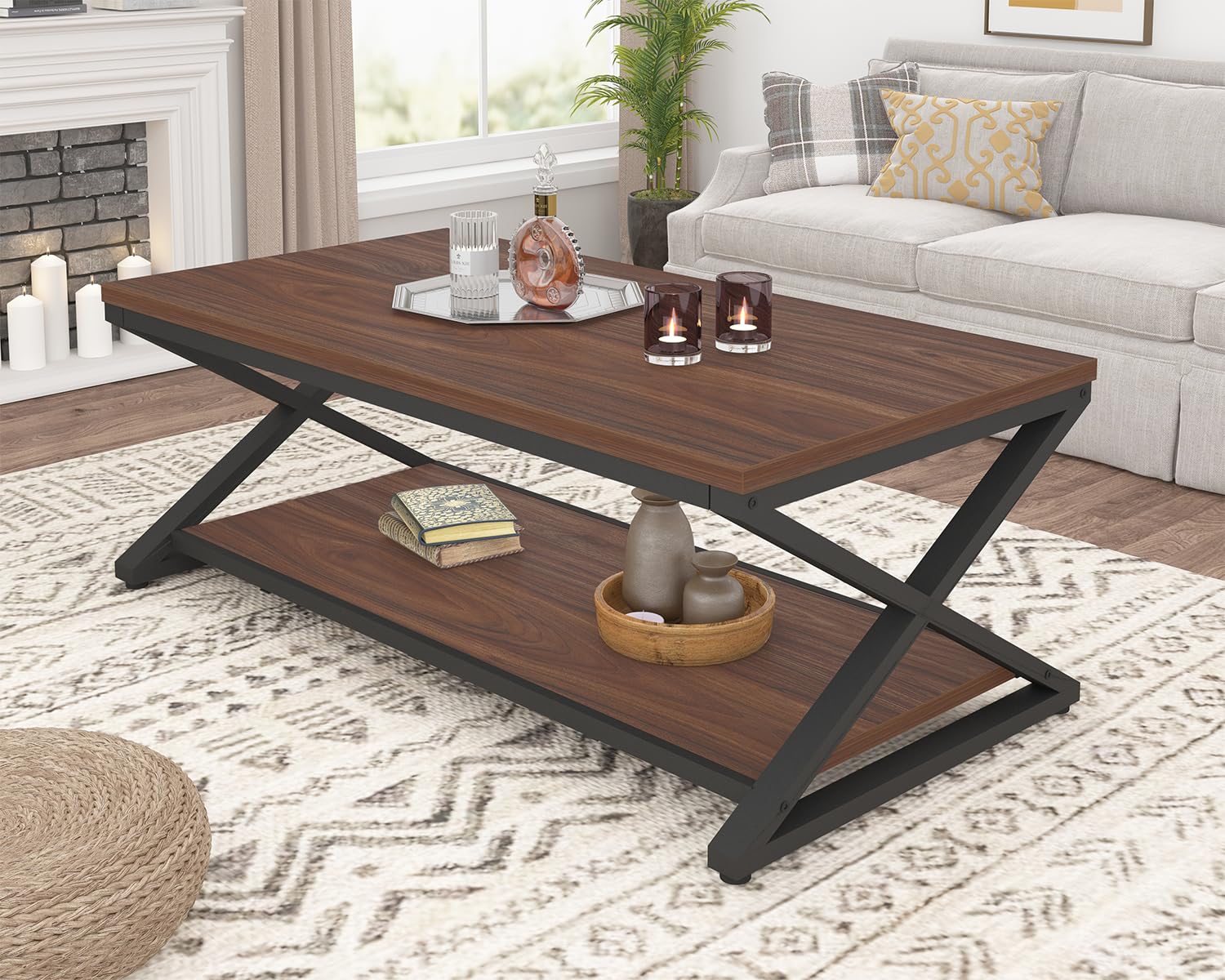 HSH Rustic Coffee Table with Storage Shelf, Industrial Metal Wood Living Room Table, Farmhouse Minimalist Rectangle Center Table, Vintage Simple 2 Tier Cocktail Tea Table, Rustic Brown, 47 Inch
